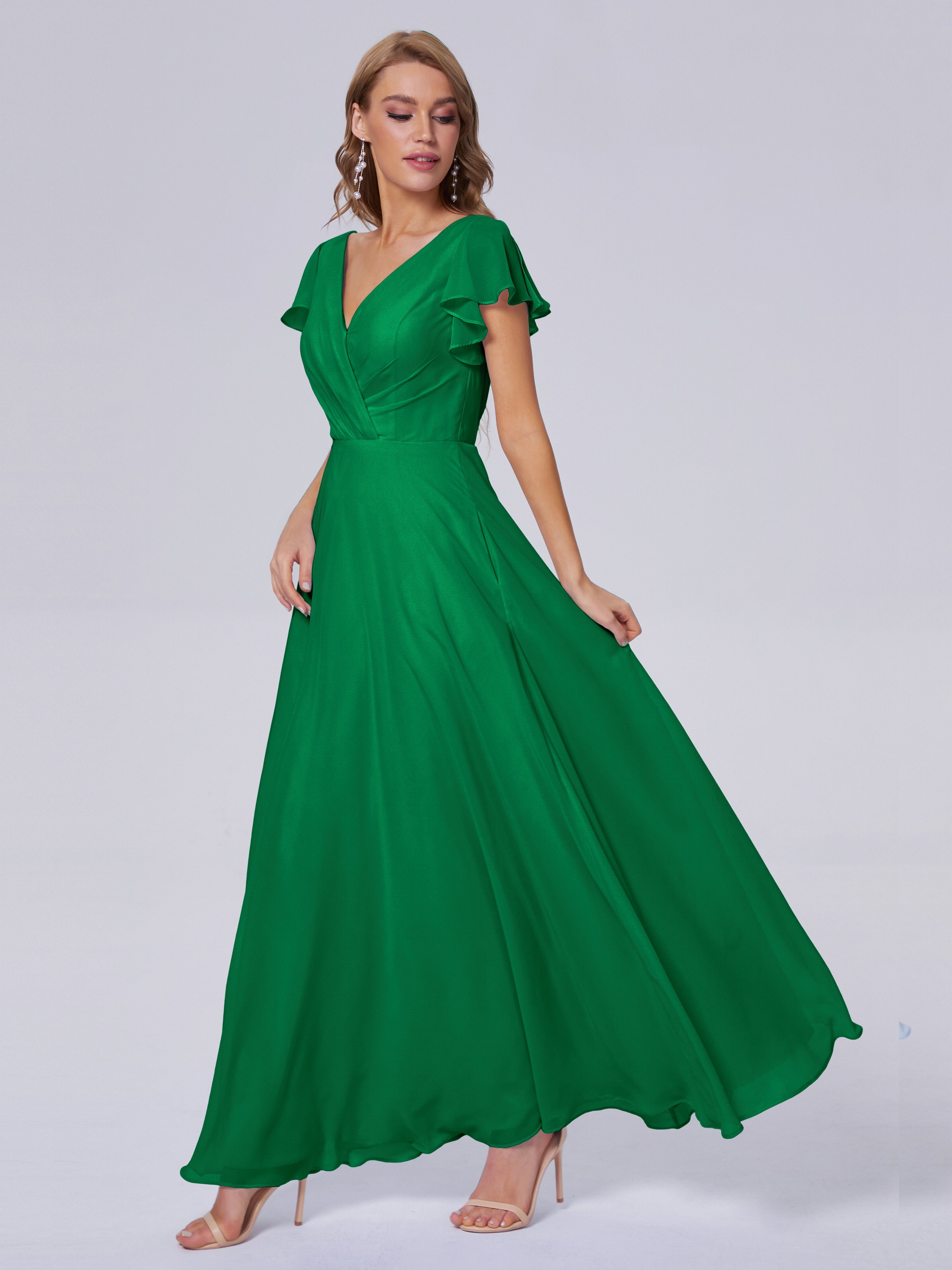 Robes De Demoiselle D'Honneur Émeraude Col V Mousseline Robes Demoiselle D'Honneur