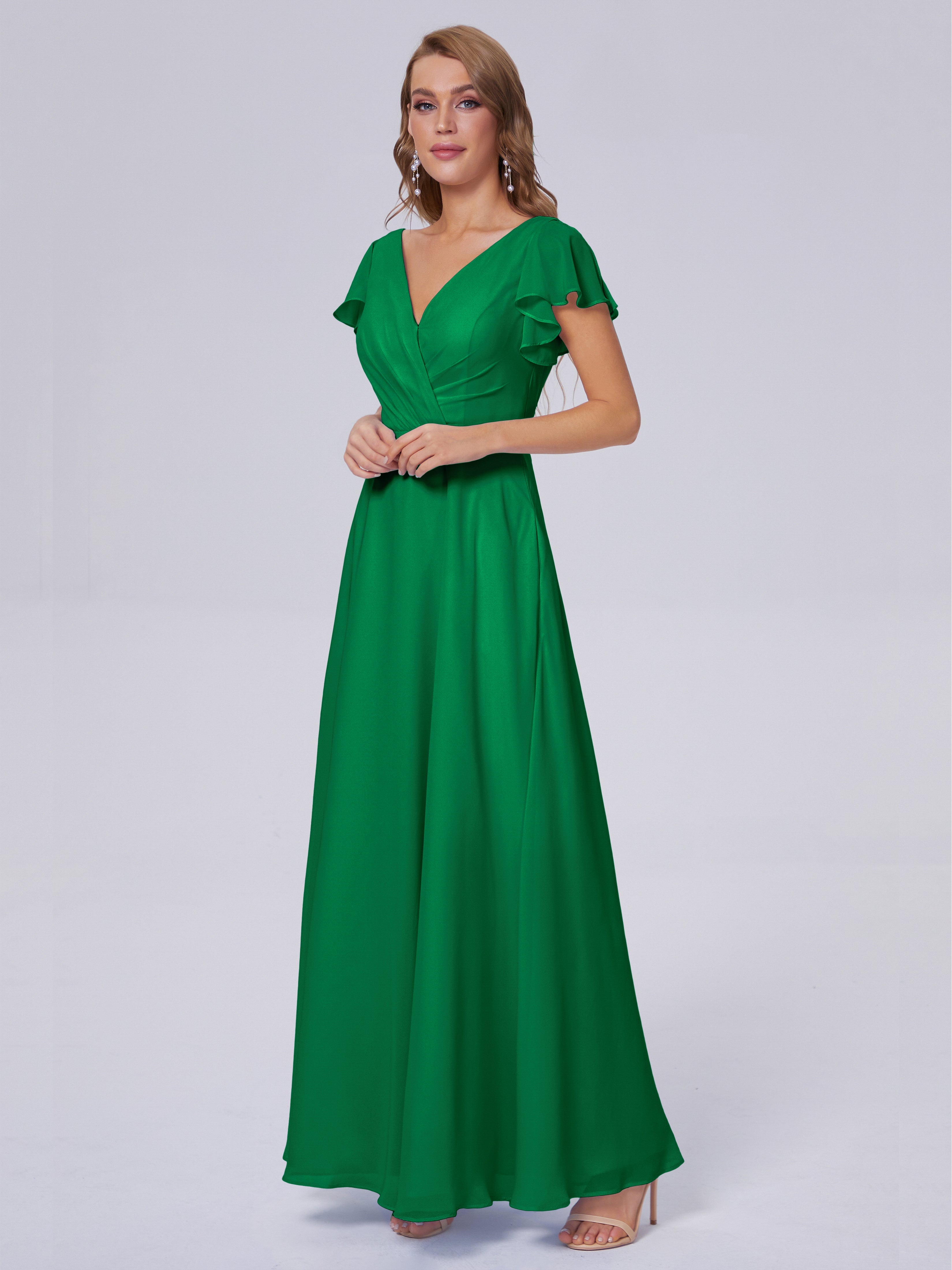 Robes De Demoiselle D'Honneur Émeraude Col V Mousseline Robes Demoiselle D'Honneur
