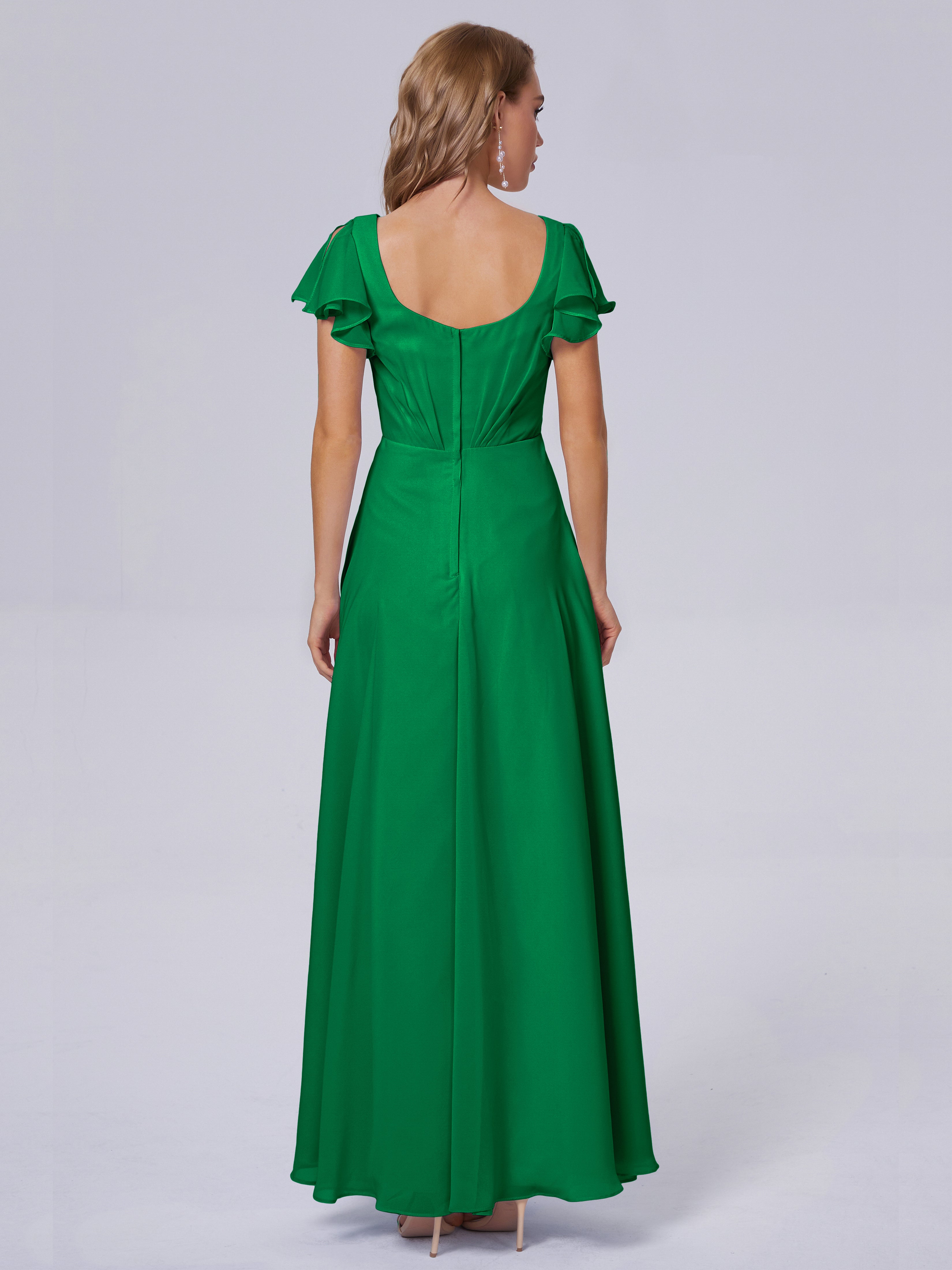 Robes De Demoiselle D'Honneur Émeraude Col V Mousseline Robes Demoiselle D'Honneur