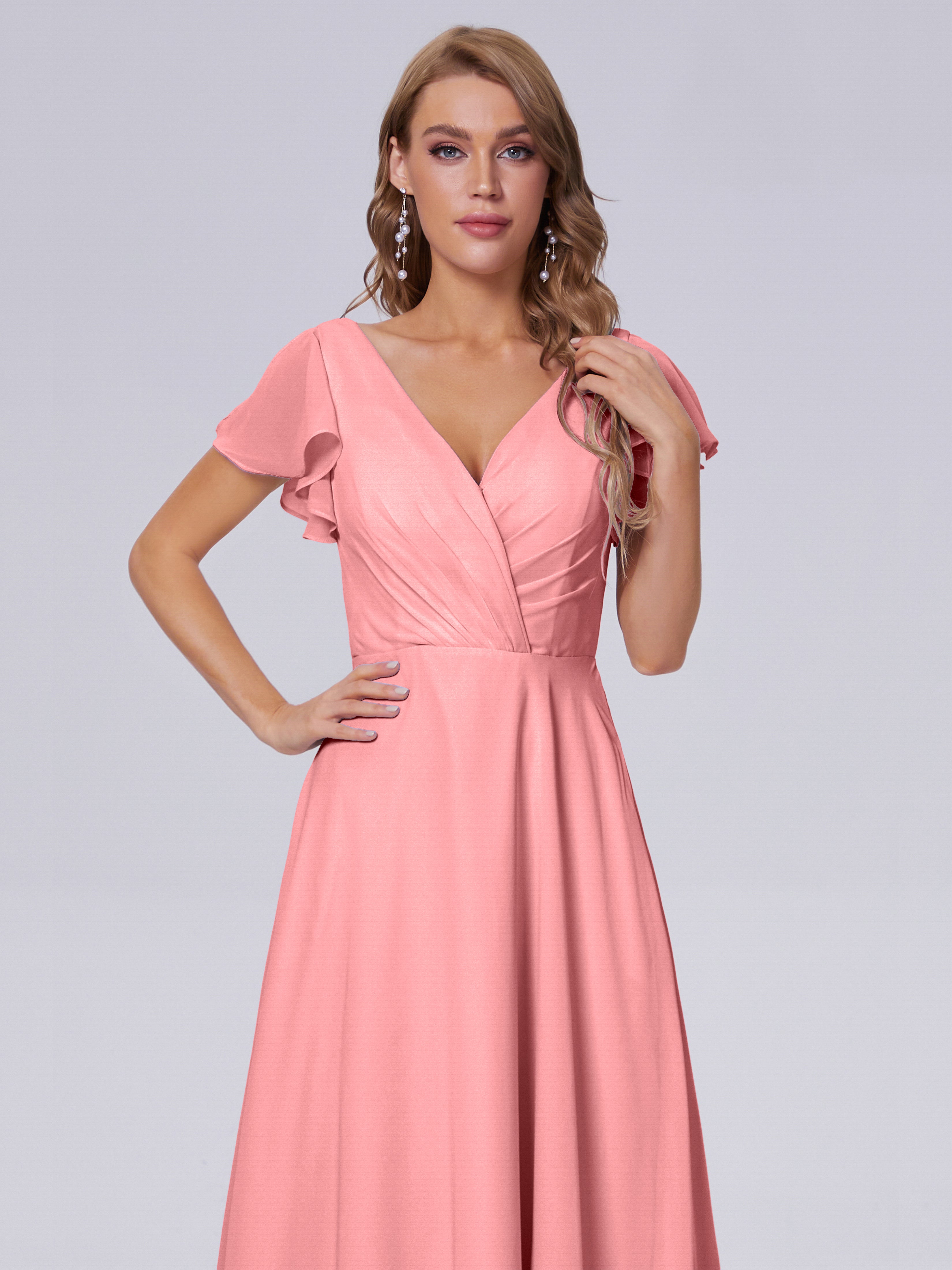 Robes De Demoiselle D'Honneur En Flamant Col V Mousseline Robes Demoiselle D'Honneur