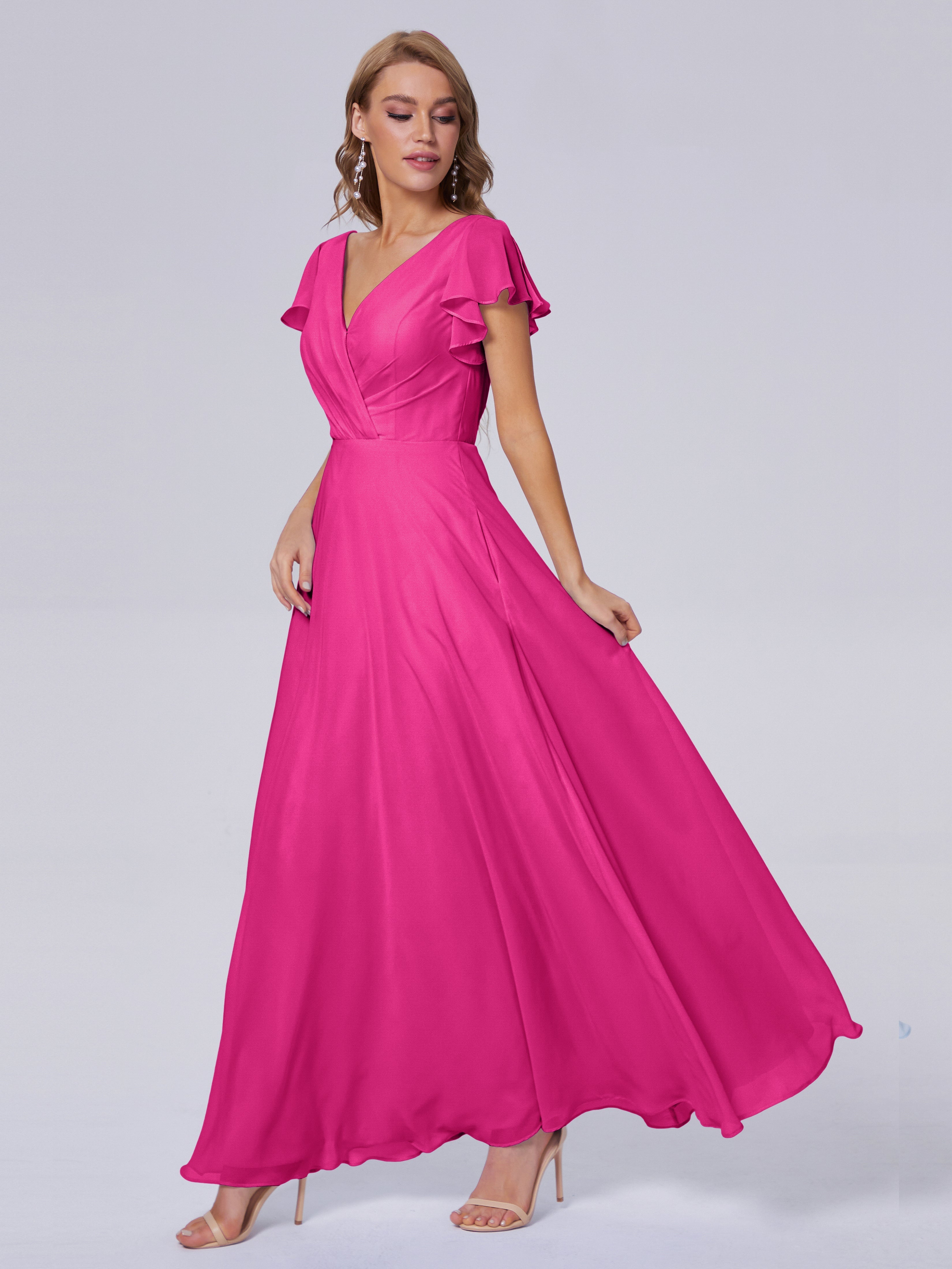 Robes De Demoiselle D'Honneur Rose Fuchsia Col V Mousseline Robes Demoiselle D'Honneur