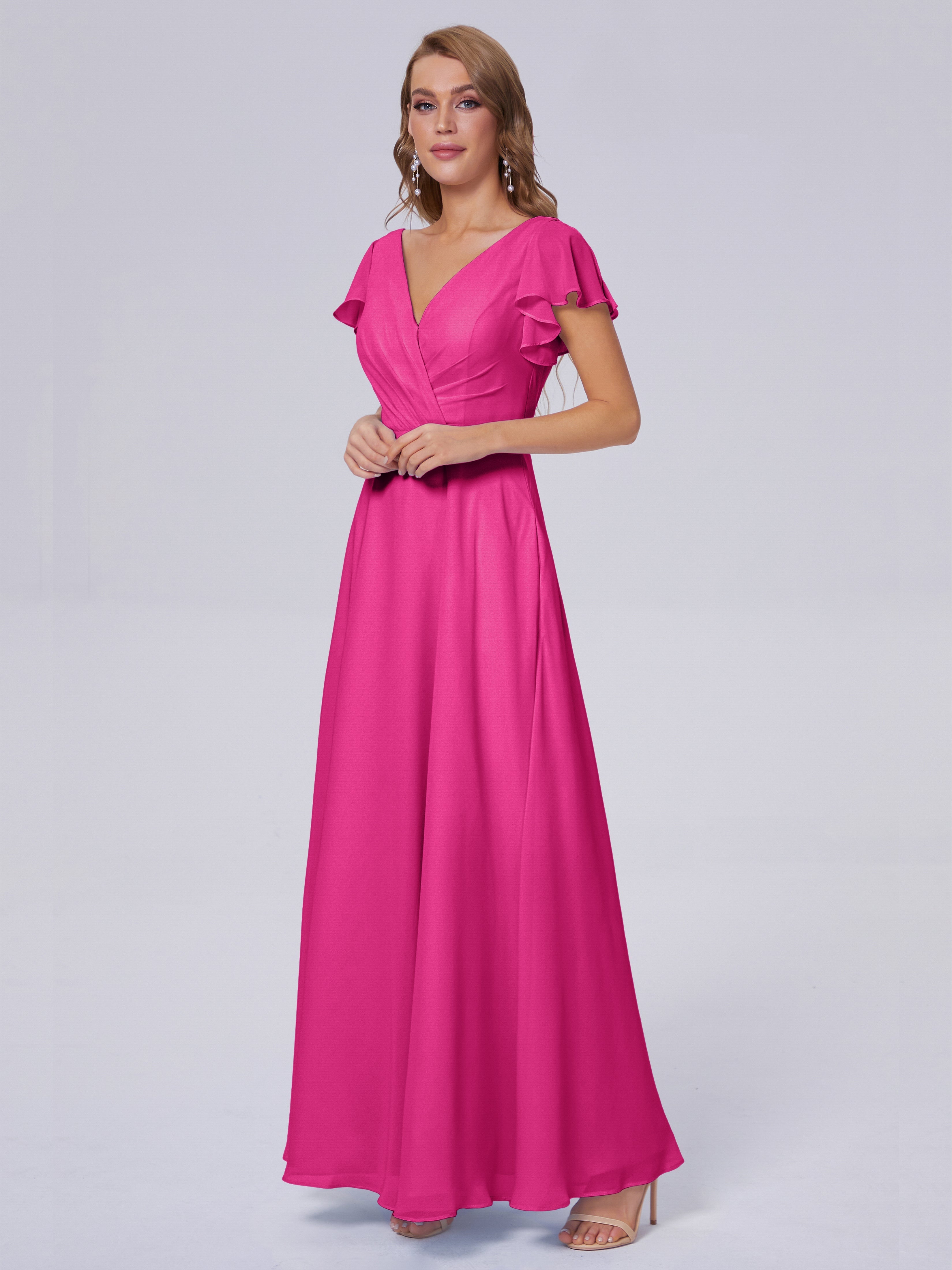 Robes De Demoiselle D'Honneur Rose Fuchsia Col V Mousseline Robes Demoiselle D'Honneur