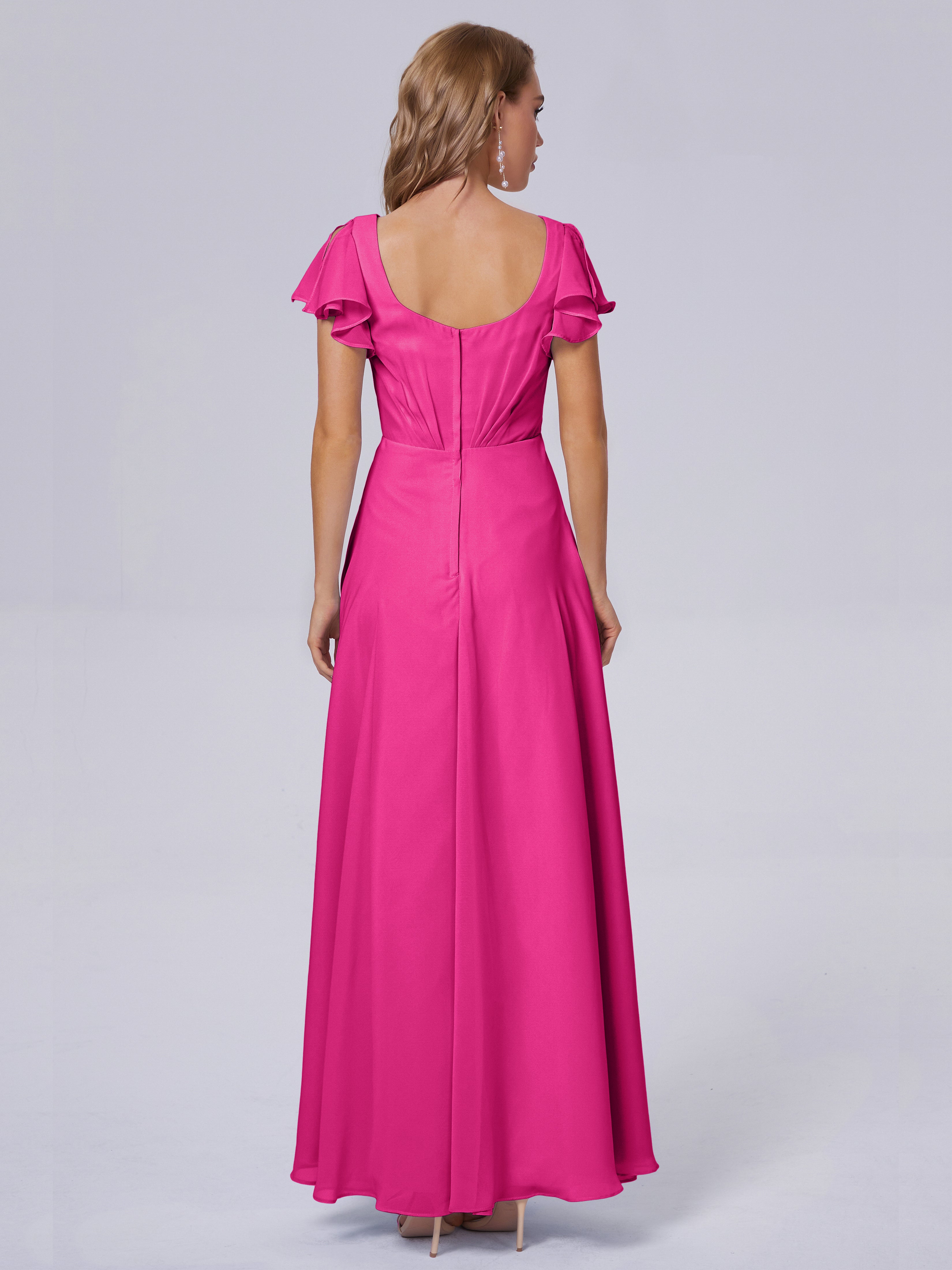 Robes De Demoiselle D'Honneur Rose Fuchsia Col V Mousseline Robes Demoiselle D'Honneur