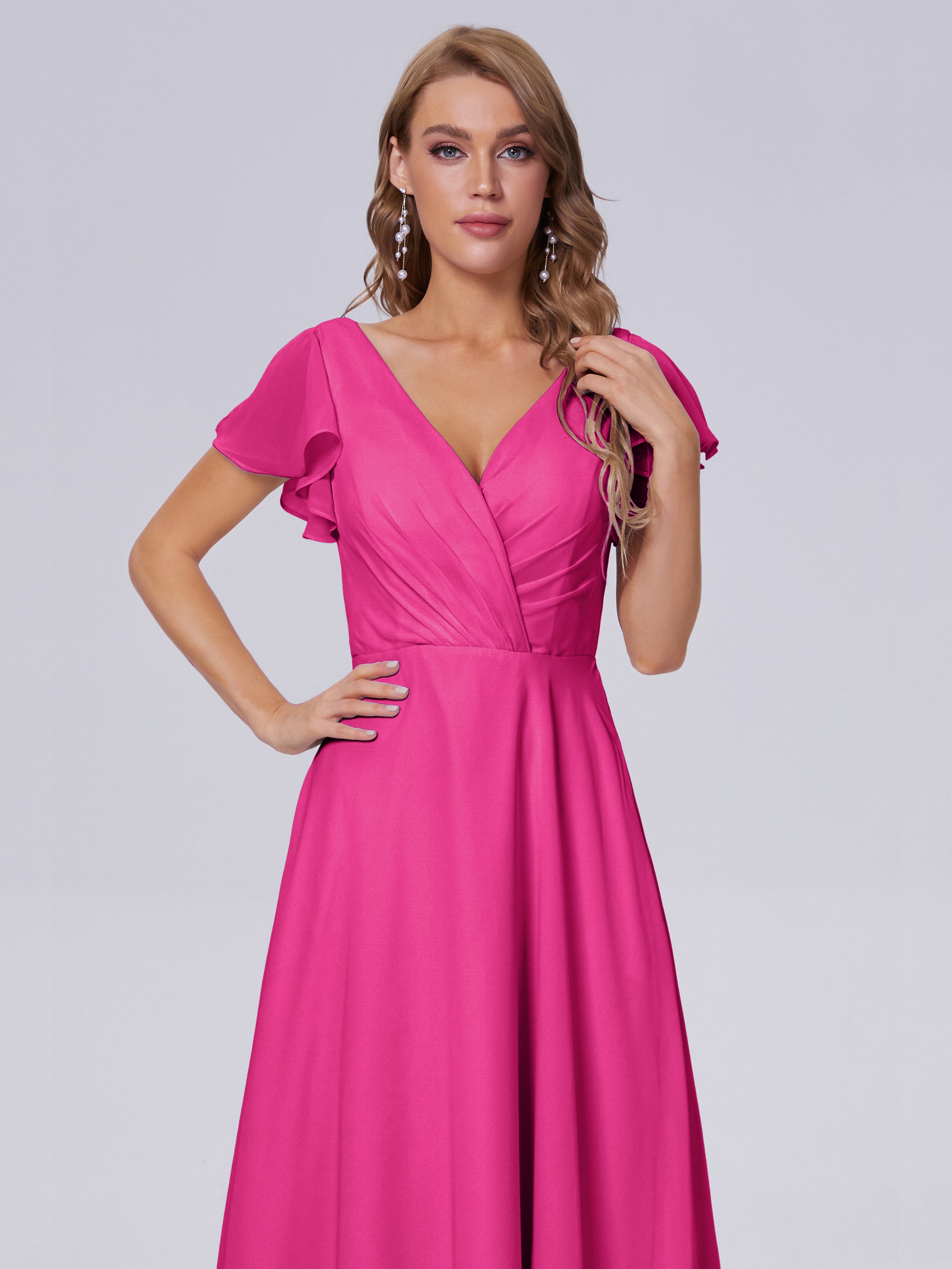 Robes De Demoiselle D'Honneur Rose Fuchsia Col V Mousseline Robes Demoiselle D'Honneur