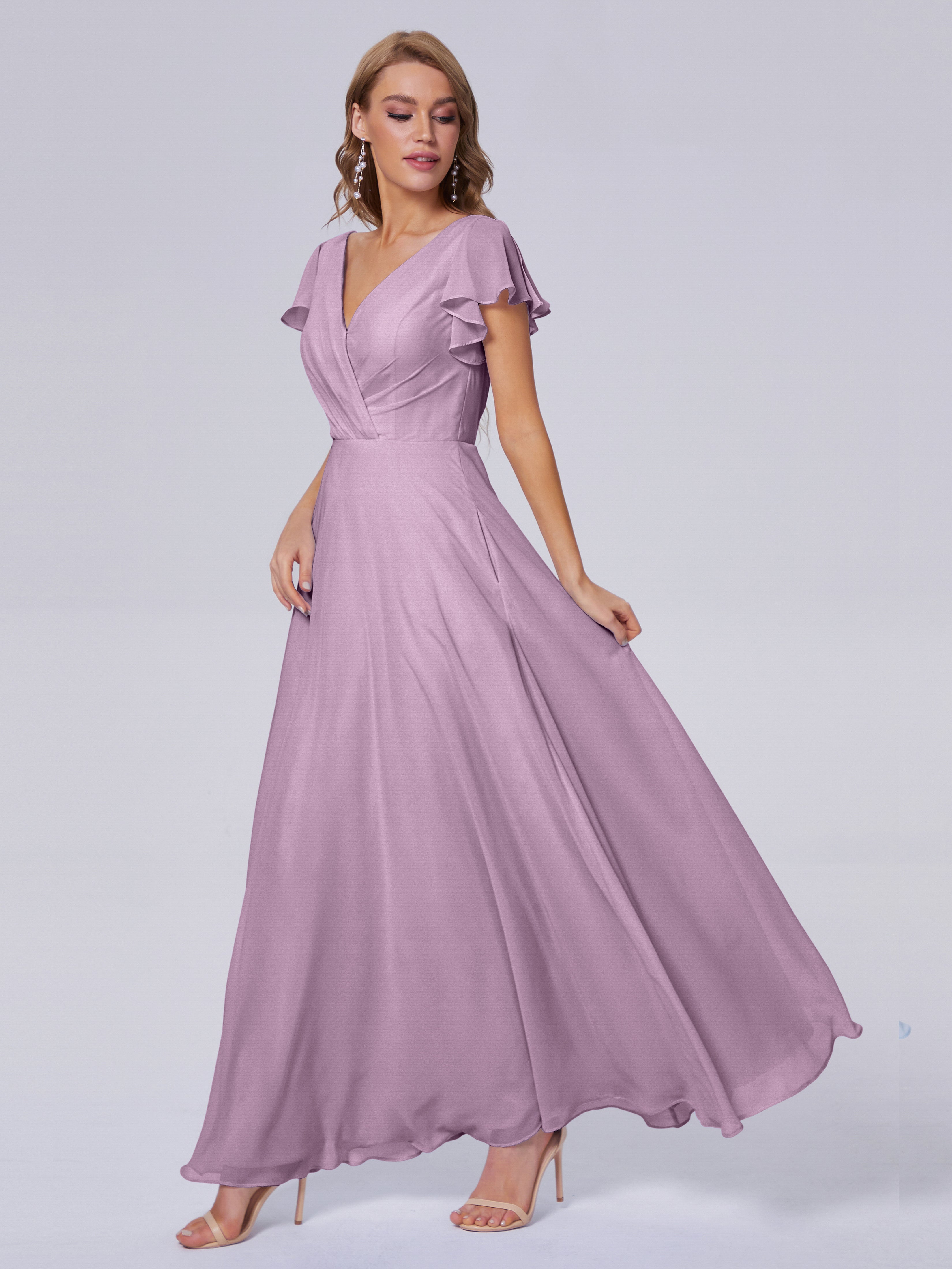 Robes De Demoiselle D'Honneur Glycine Col V Mousseline Robes Demoiselle D'Honneur
