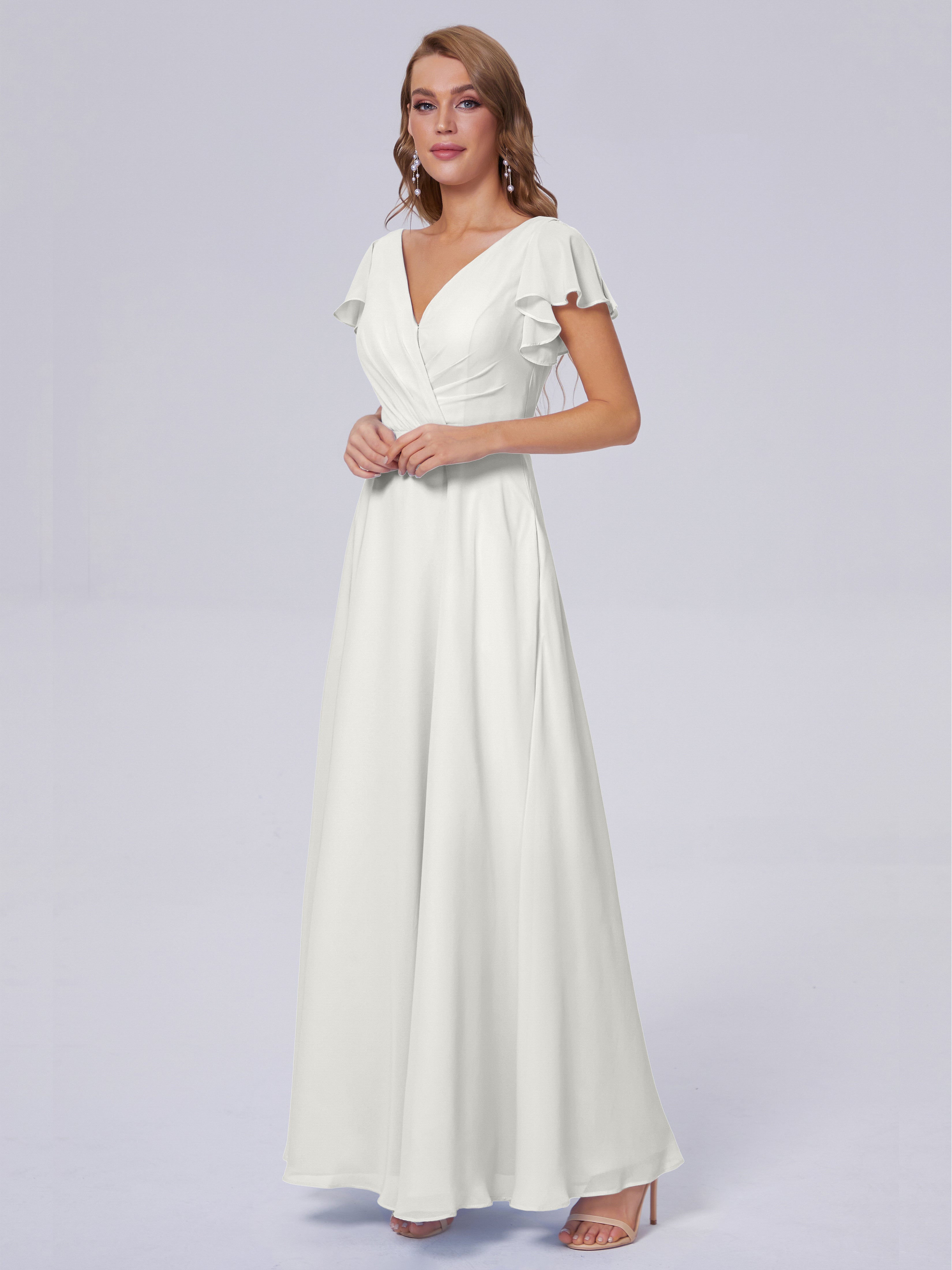 Robes De Demoiselle D'Honneur Ivoire Col V Mousseline Robes Demoiselle D'Honneur