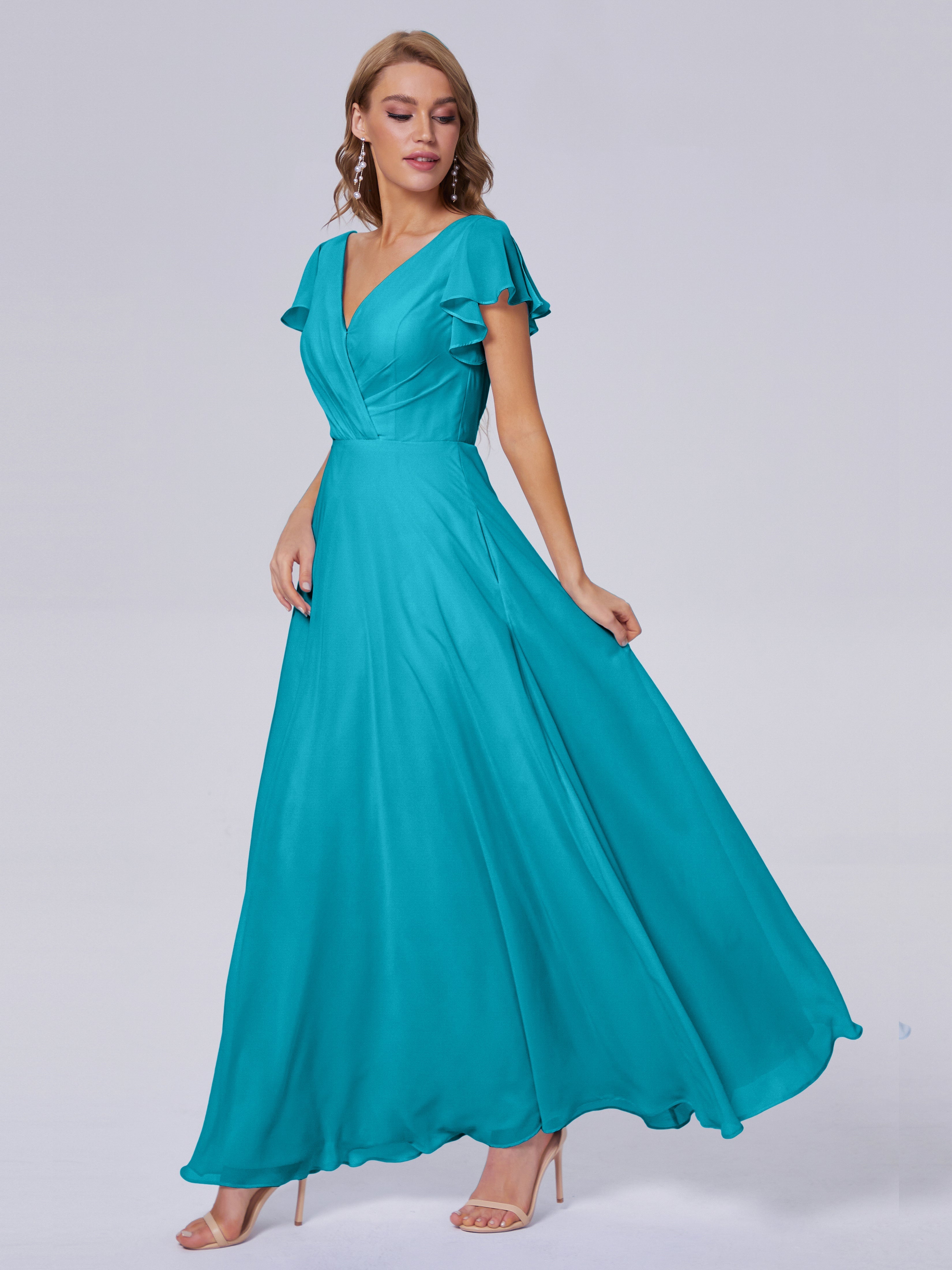 Robes De Demoiselle D'Honneur Vert Jade Col V Mousseline Robes Demoiselle D'Honneur