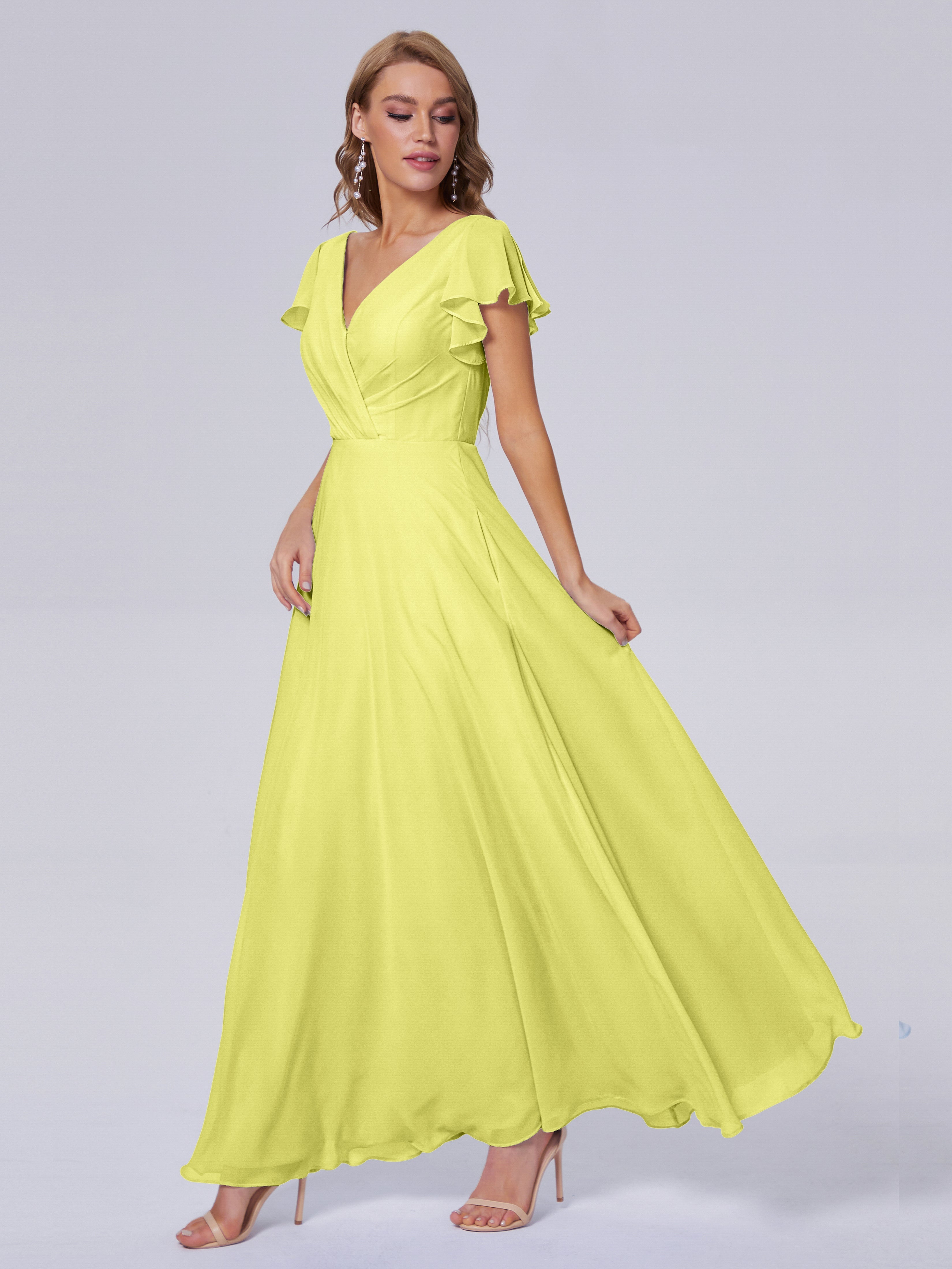 Robes De Demoiselle D'Honneur Jonquille Col V Mousseline Robes Demoiselle D'Honneur