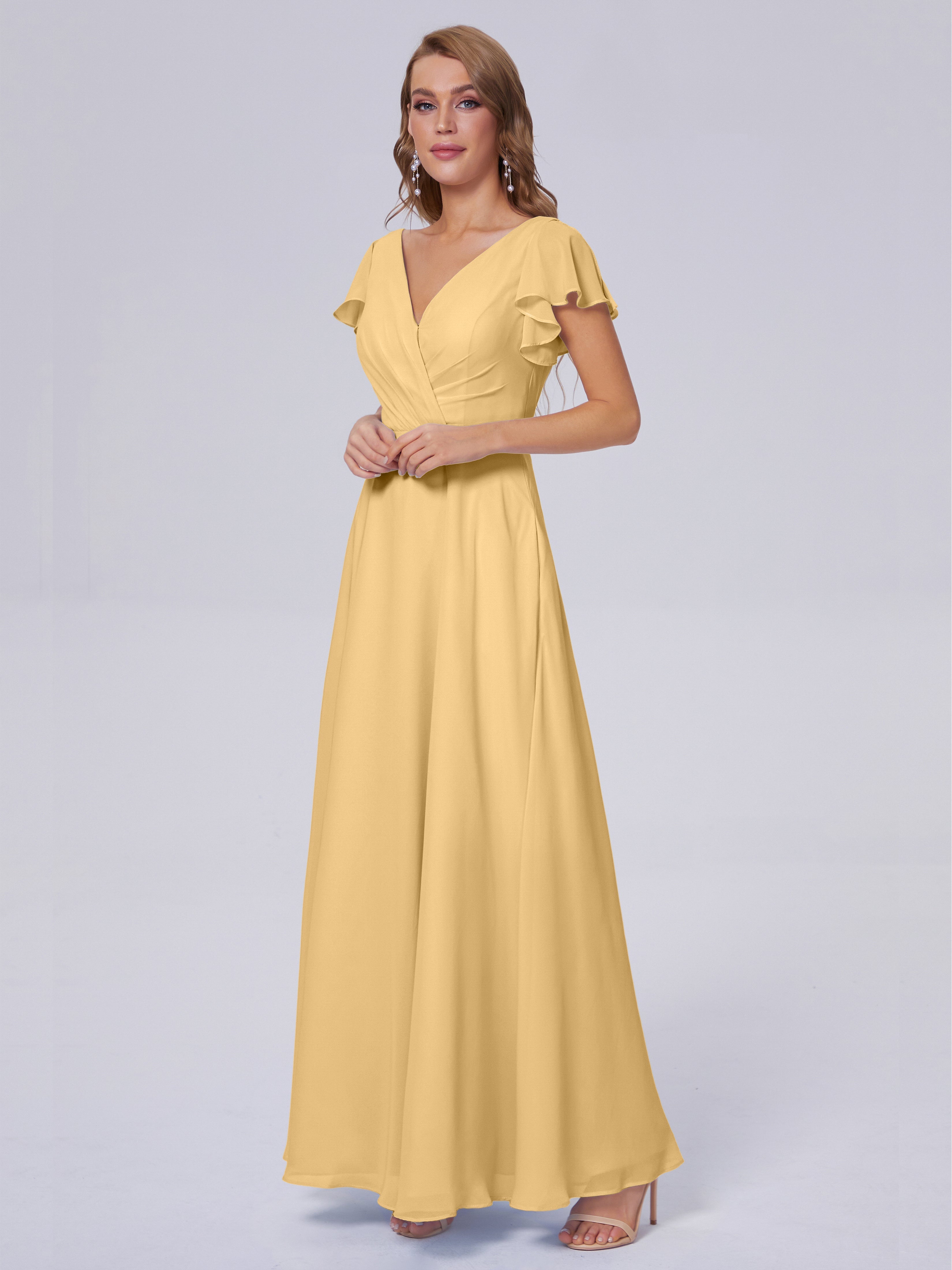 Robe De Demoiselle D'Honneur En Or Col V Mousseline Robes Demoiselle D'Honneur