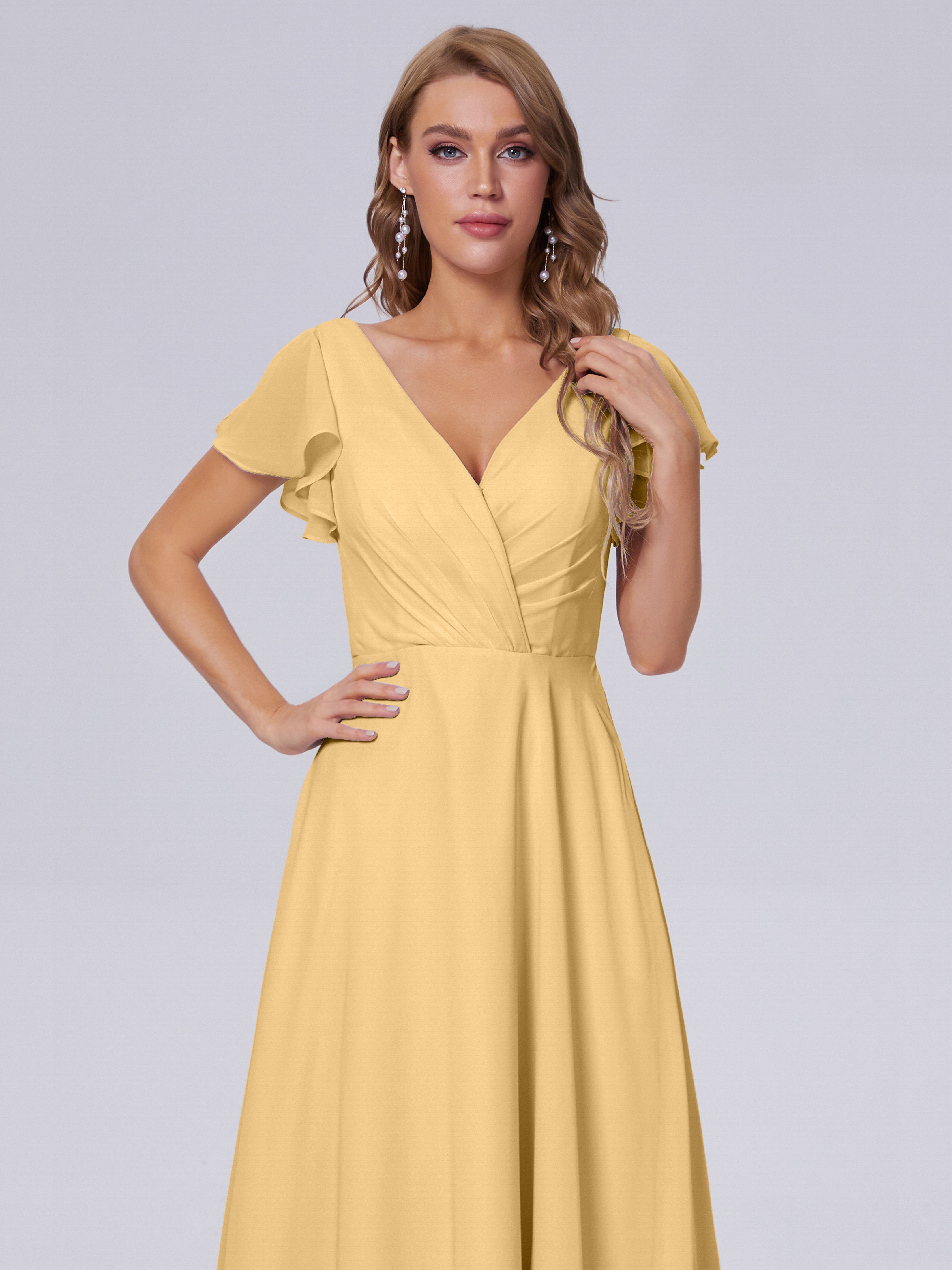 Robe De Demoiselle D'Honneur En Or Col V Mousseline Robes Demoiselle D'Honneur