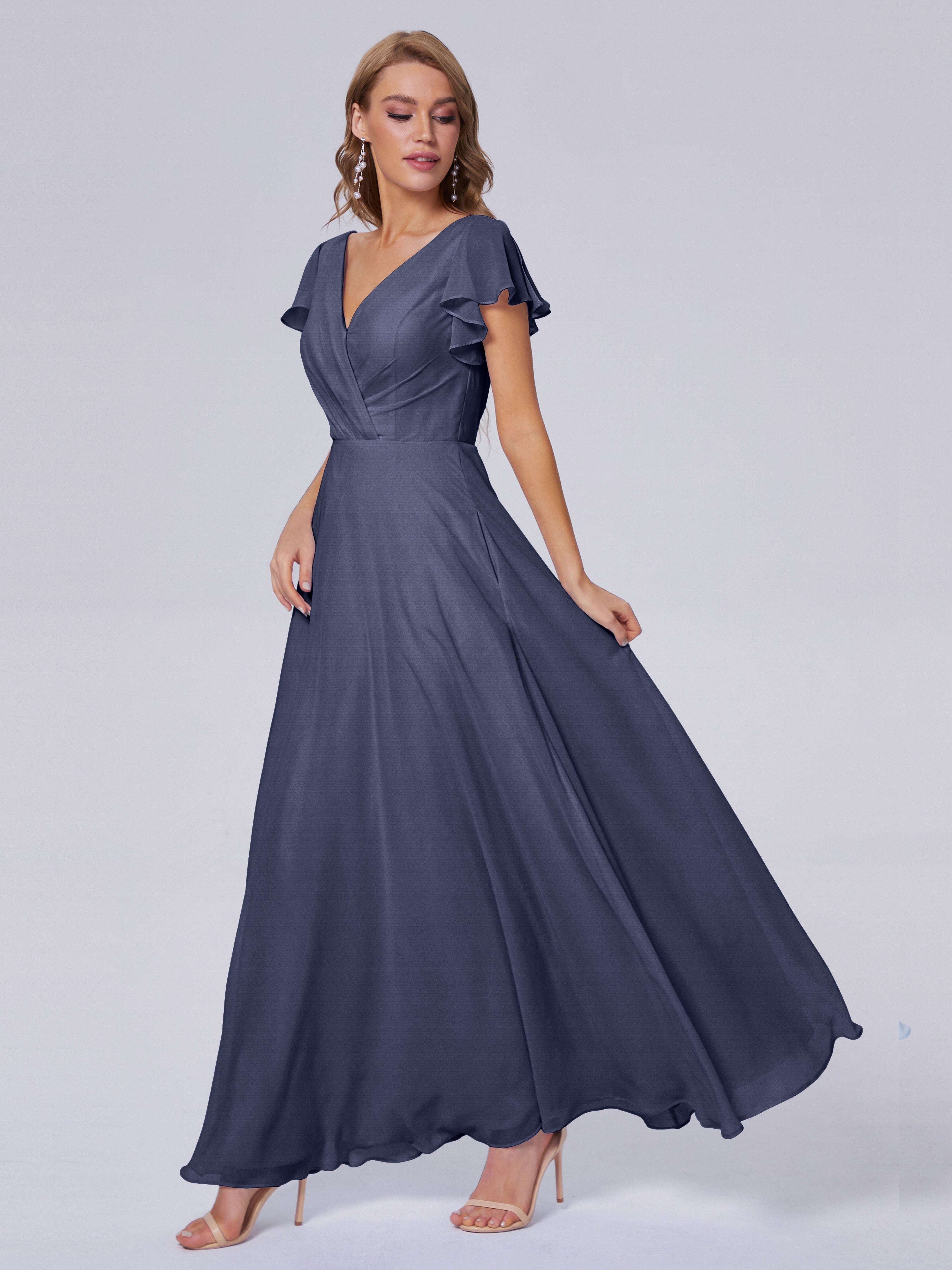 Robes De Demoiselle D'Honneur Bleu Orageux Col V Mousseline Robes Demoiselle D'Honneur