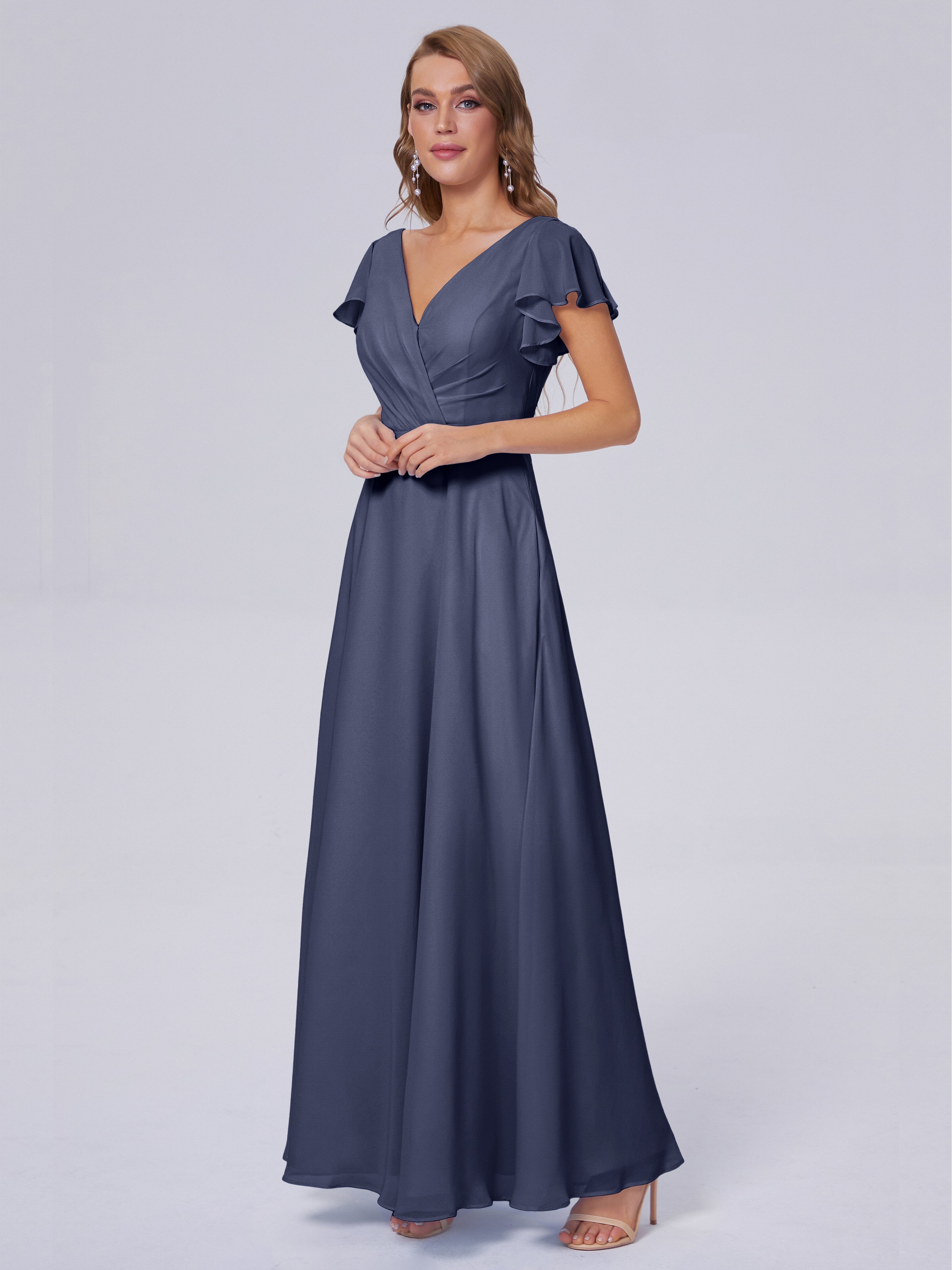 Robes De Demoiselle D'Honneur Bleu Orageux Col V Mousseline Robes Demoiselle D'Honneur