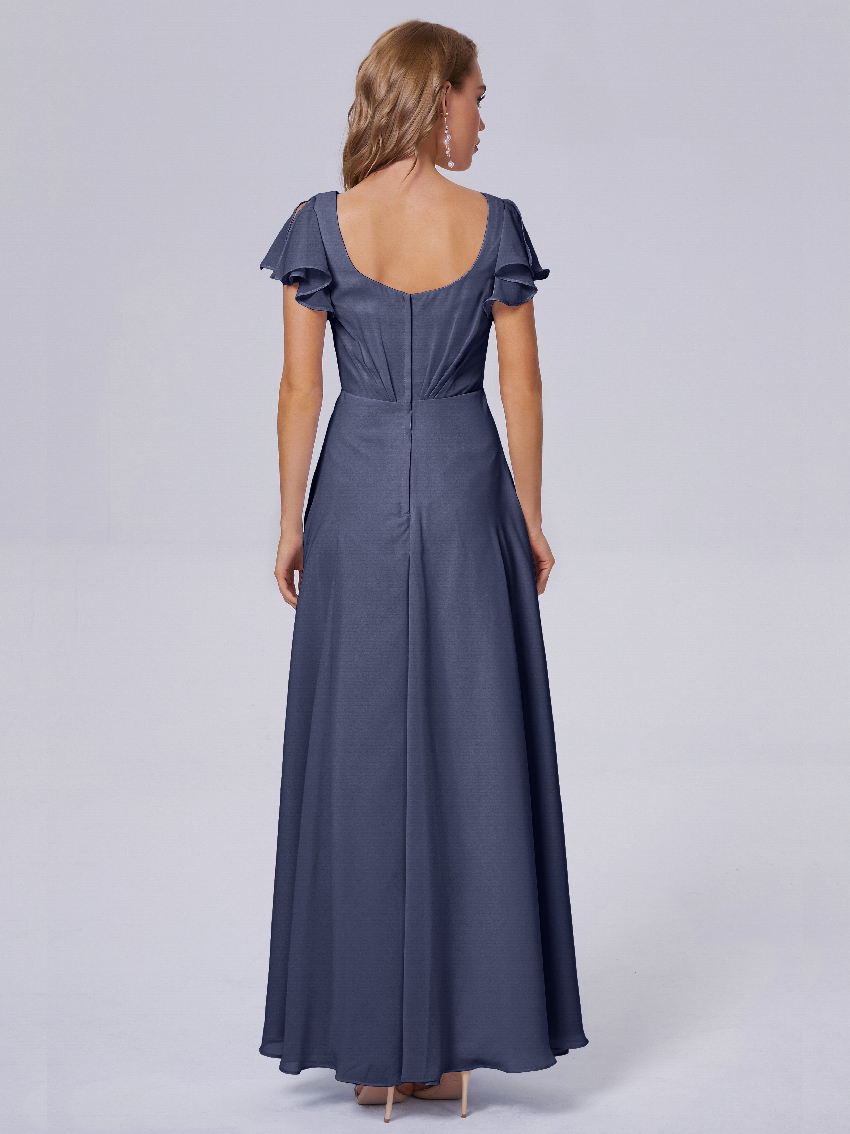 Robes De Demoiselle D'Honneur Bleu Orageux Col V Mousseline Robes Demoiselle D'Honneur