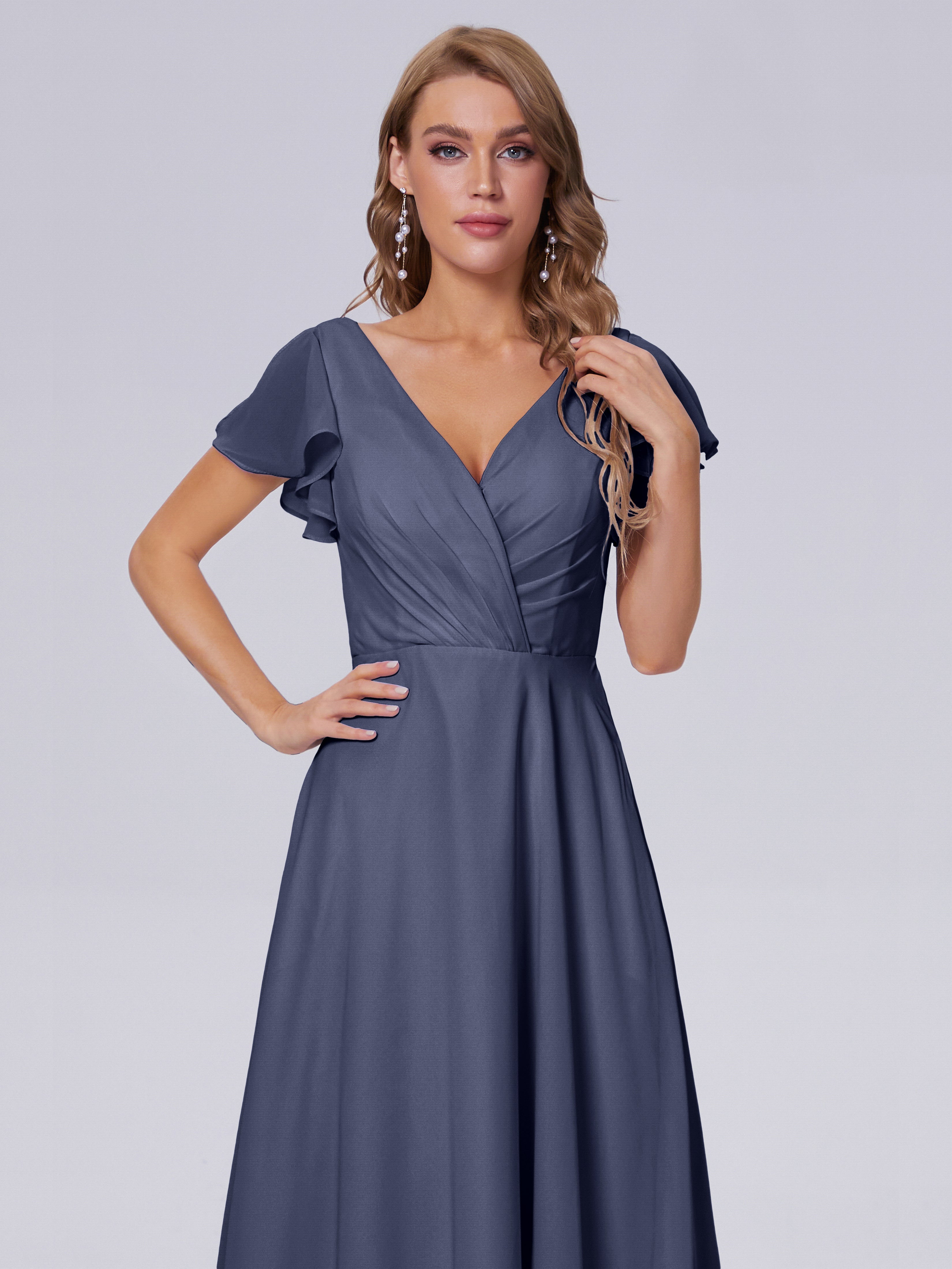Robes De Demoiselle D'Honneur Bleu Orageux Col V Mousseline Robes Demoiselle D'Honneur