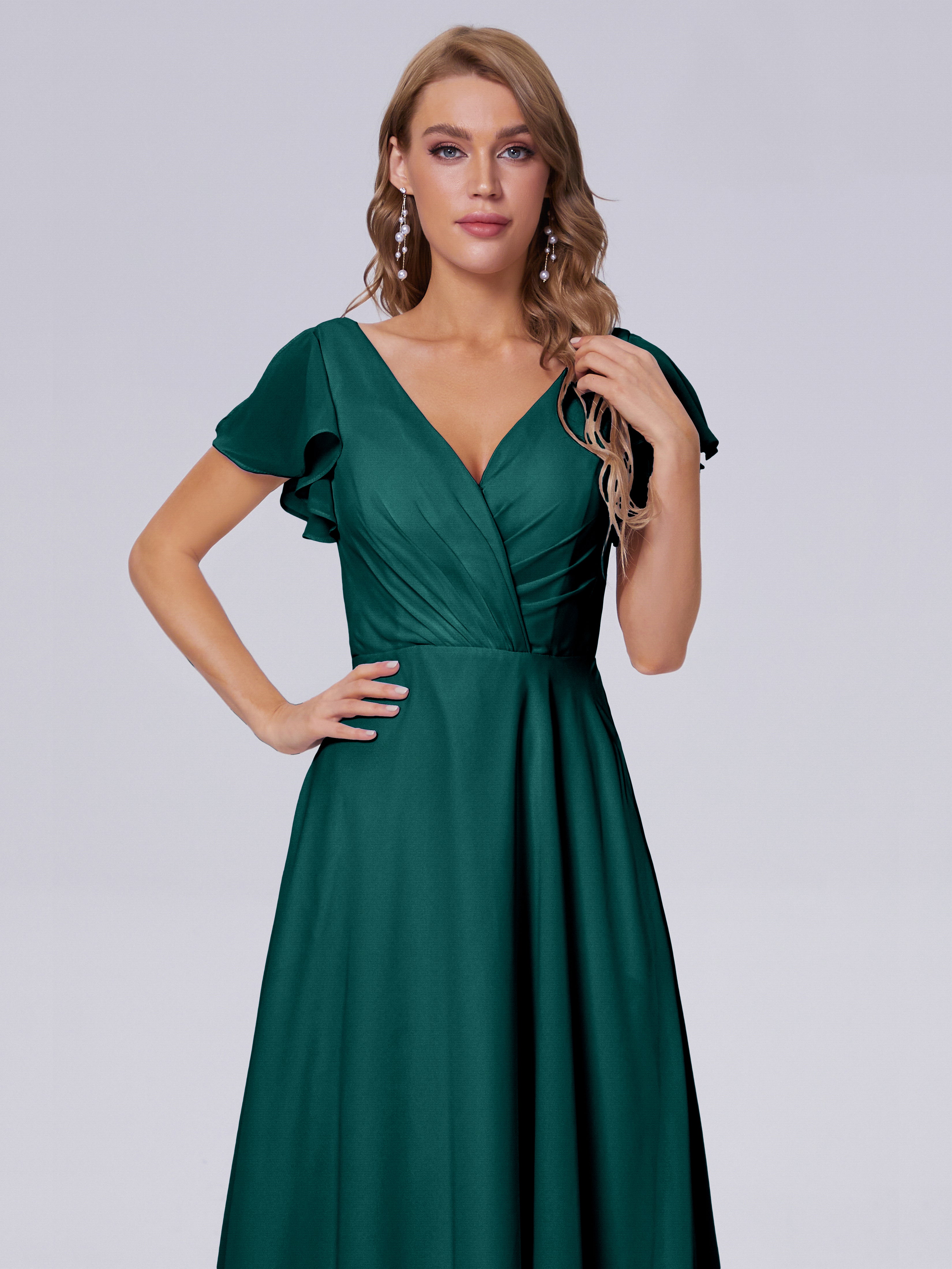Robes De Demoiselle D'Honneur Couleur Paon Col V Mousseline Robes Demoiselle D'Honneur