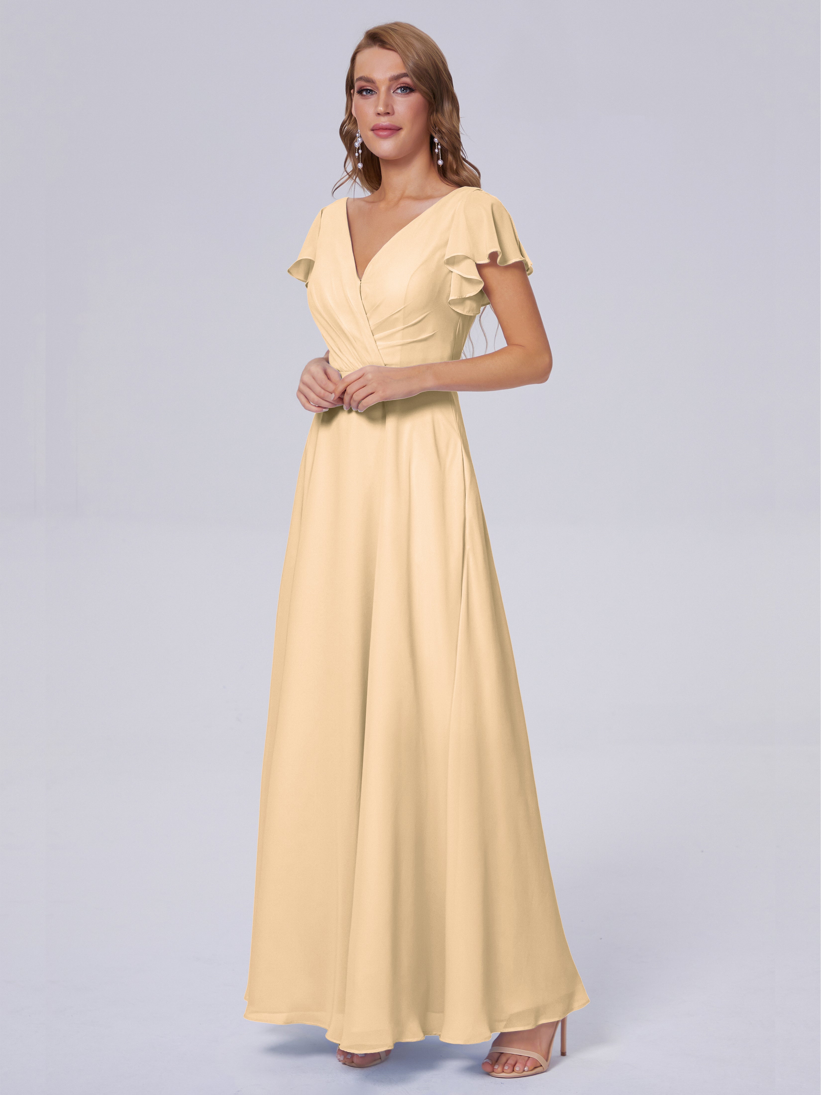 Robes De Demoiselle D'Honneur Pêche Col V Mousseline Robes Demoiselle D'Honneur