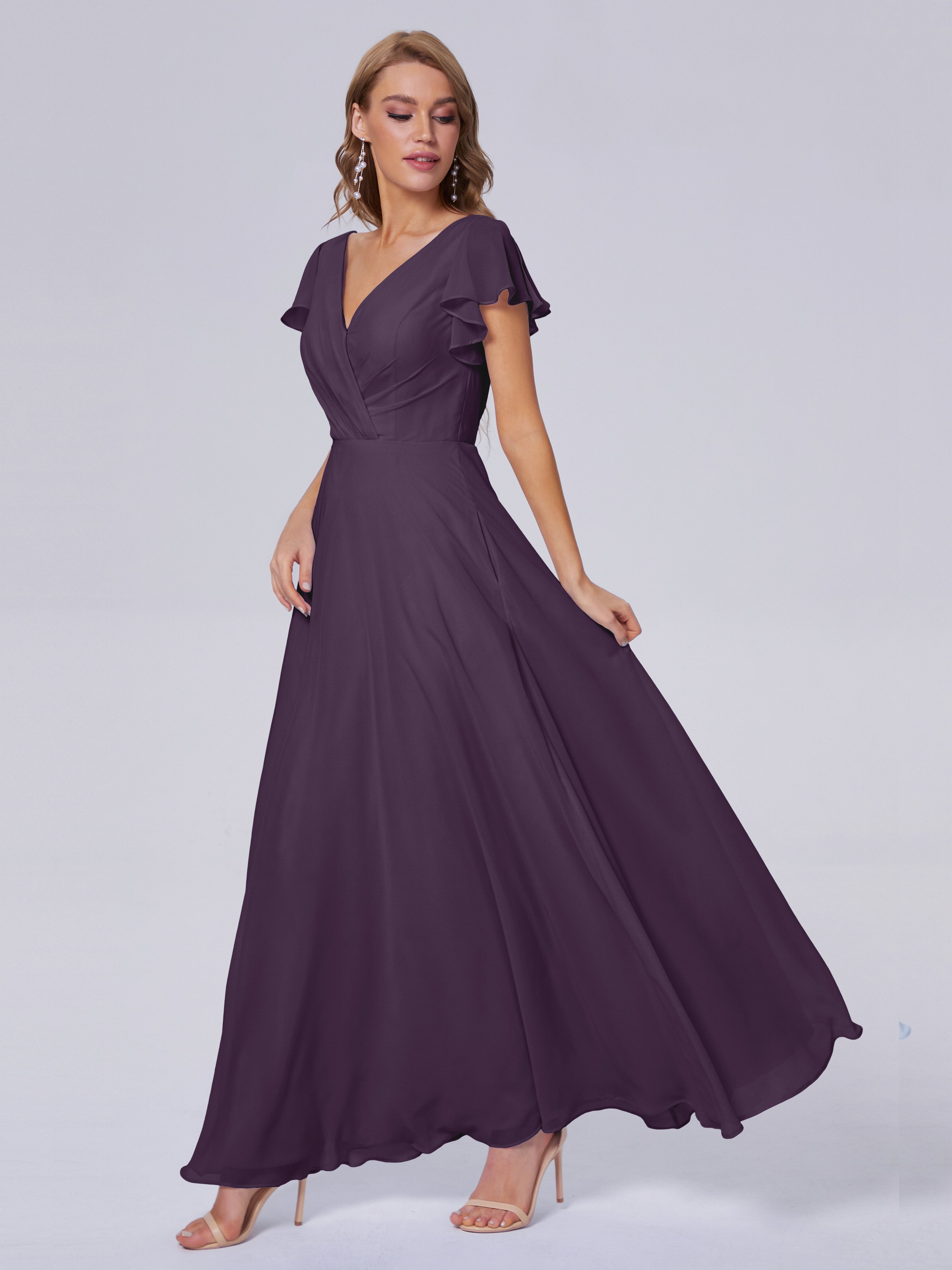 Robe De Demoiselle D'Honneur En Plum Col V Mousseline Robes Demoiselle D'Honneur