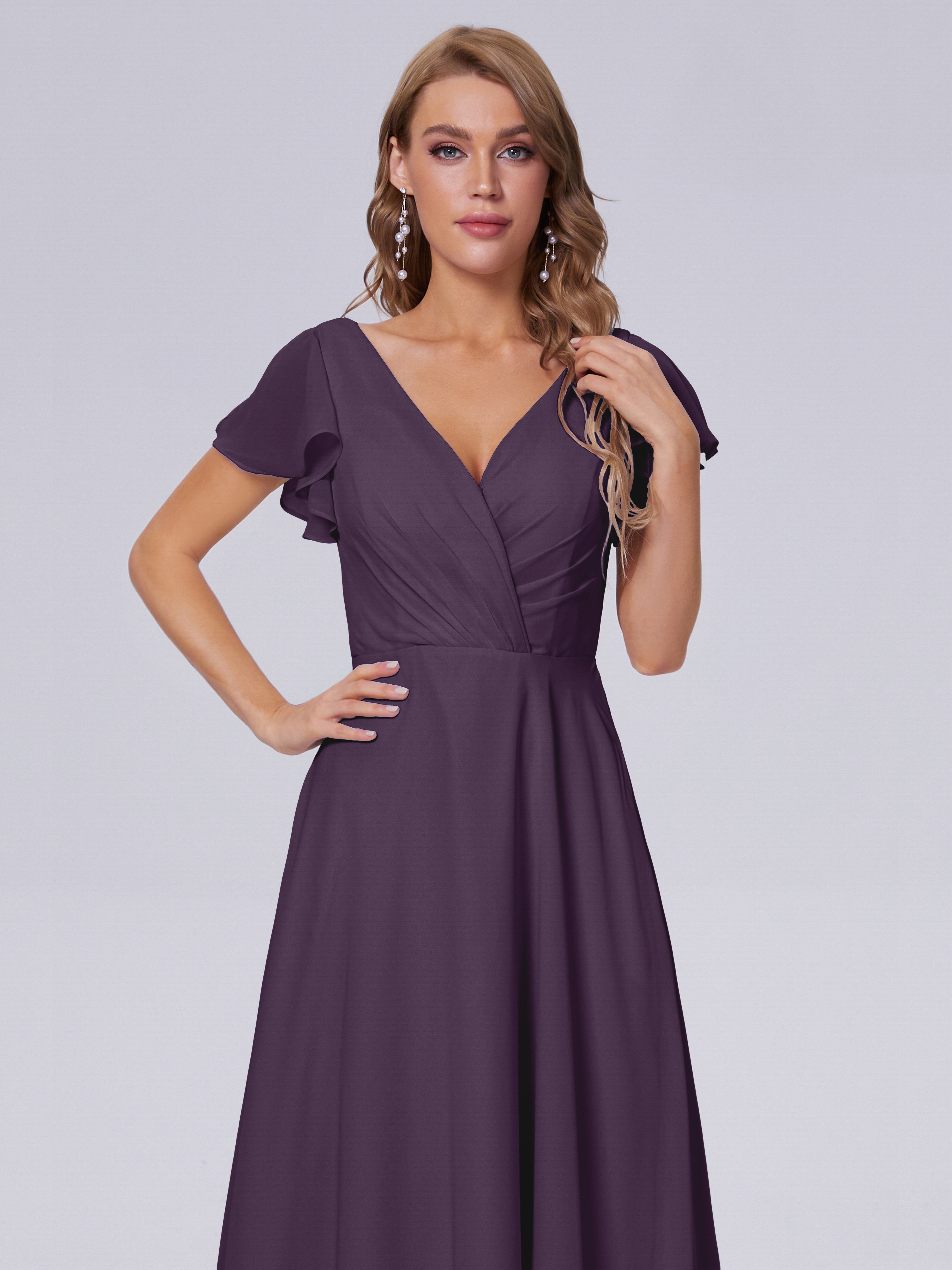 Robe De Demoiselle D'Honneur En Plum Col V Mousseline Robes Demoiselle D'Honneur