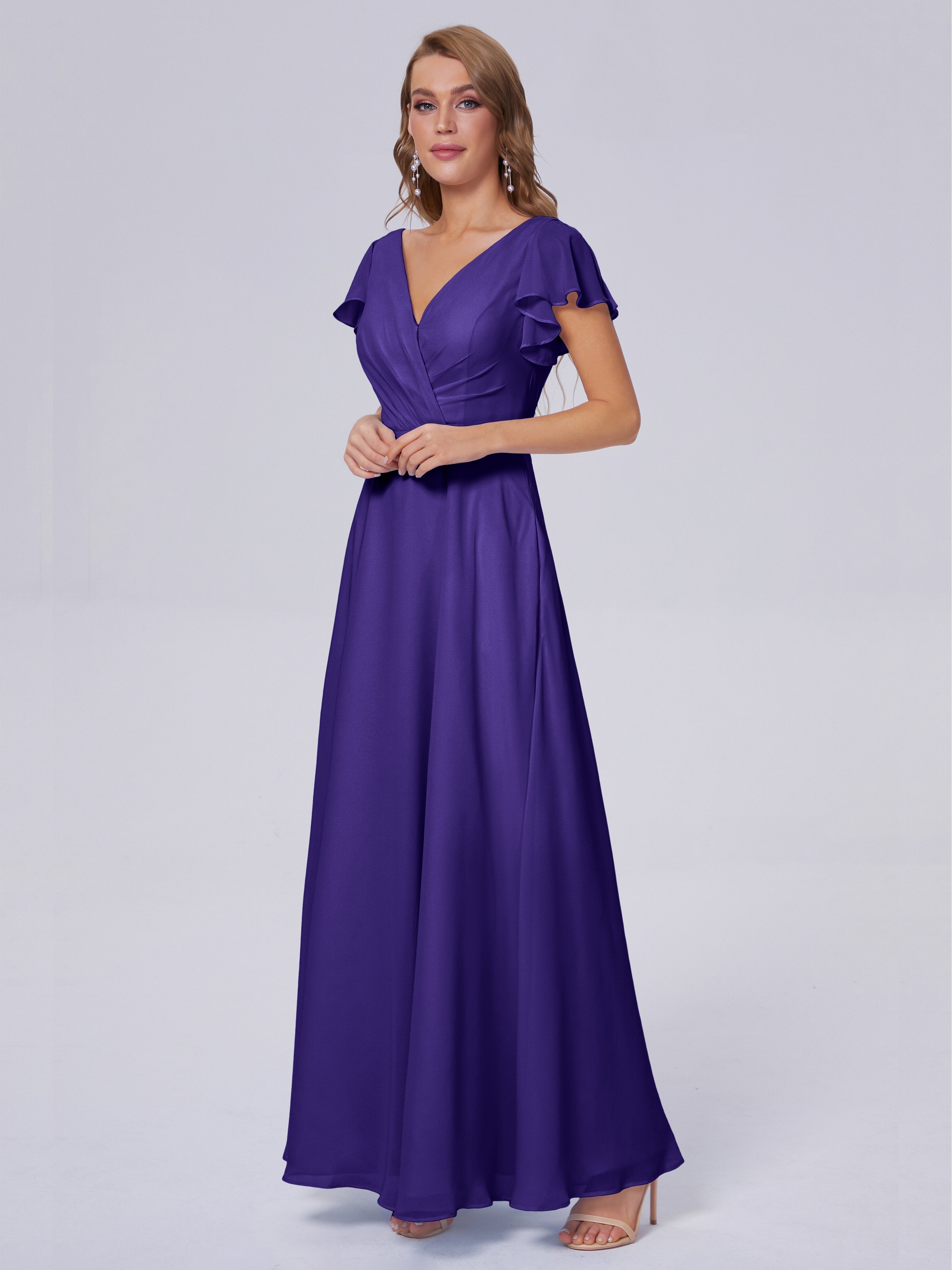Robes De Demoiselle D'Honneur En Régence Col V Mousseline Robes Demoiselle D'Honneur