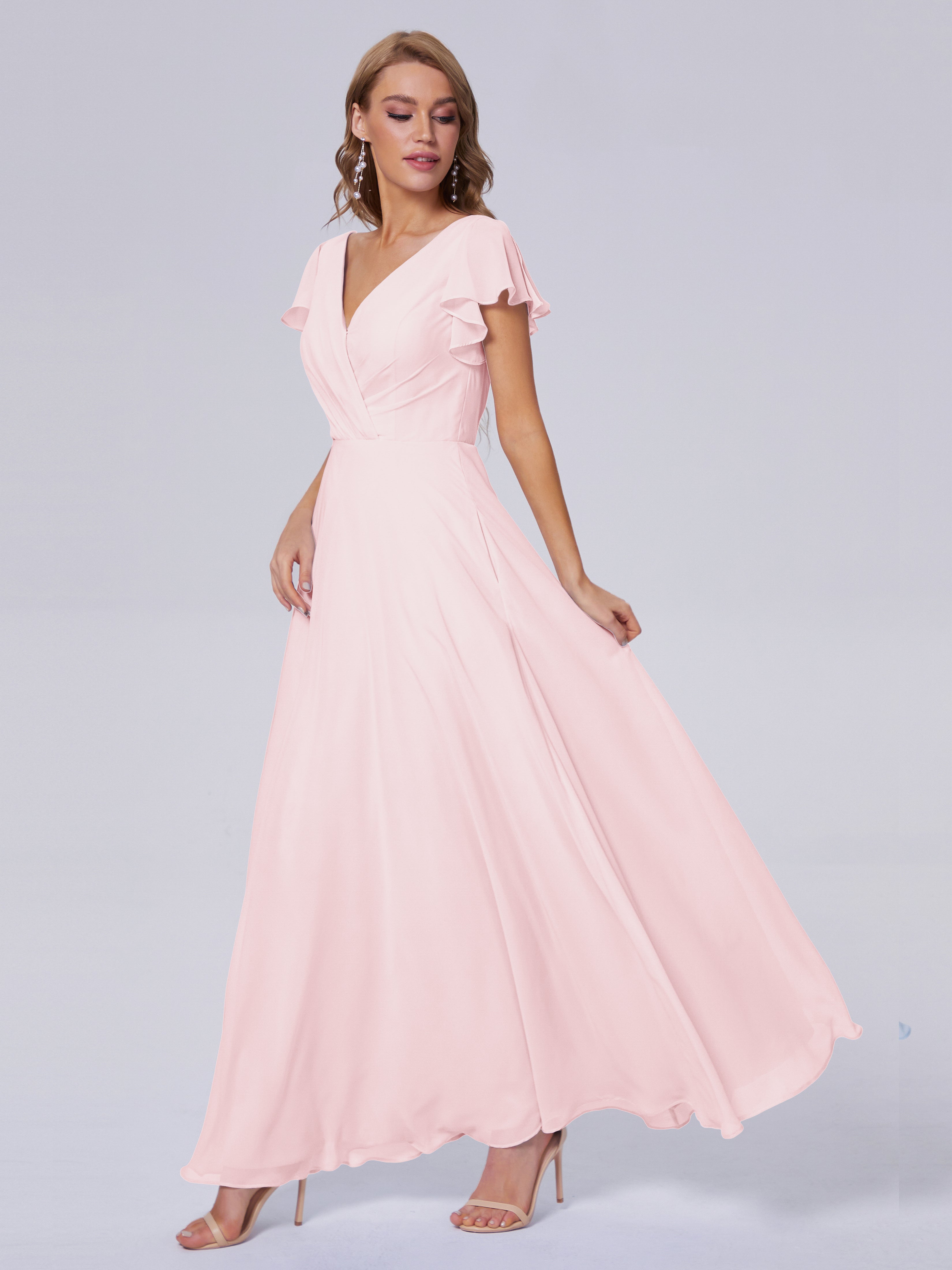 Robes De Demoiselle D'Honneur Rose Pale Col V Mousseline Robes Demoiselle D'Honneur