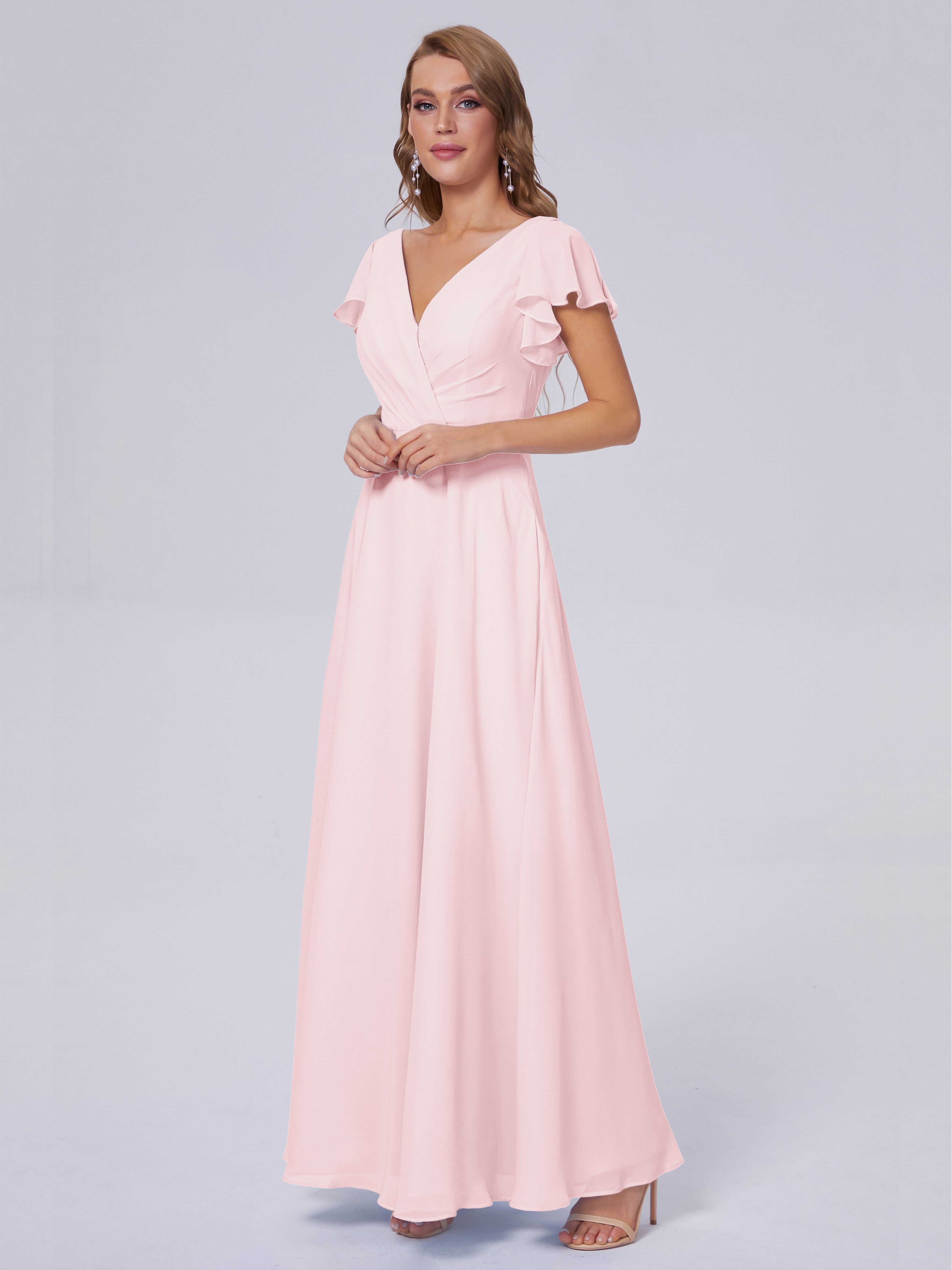 Robes De Demoiselle D'Honneur Rose Pale Col V Mousseline Robes Demoiselle D'Honneur