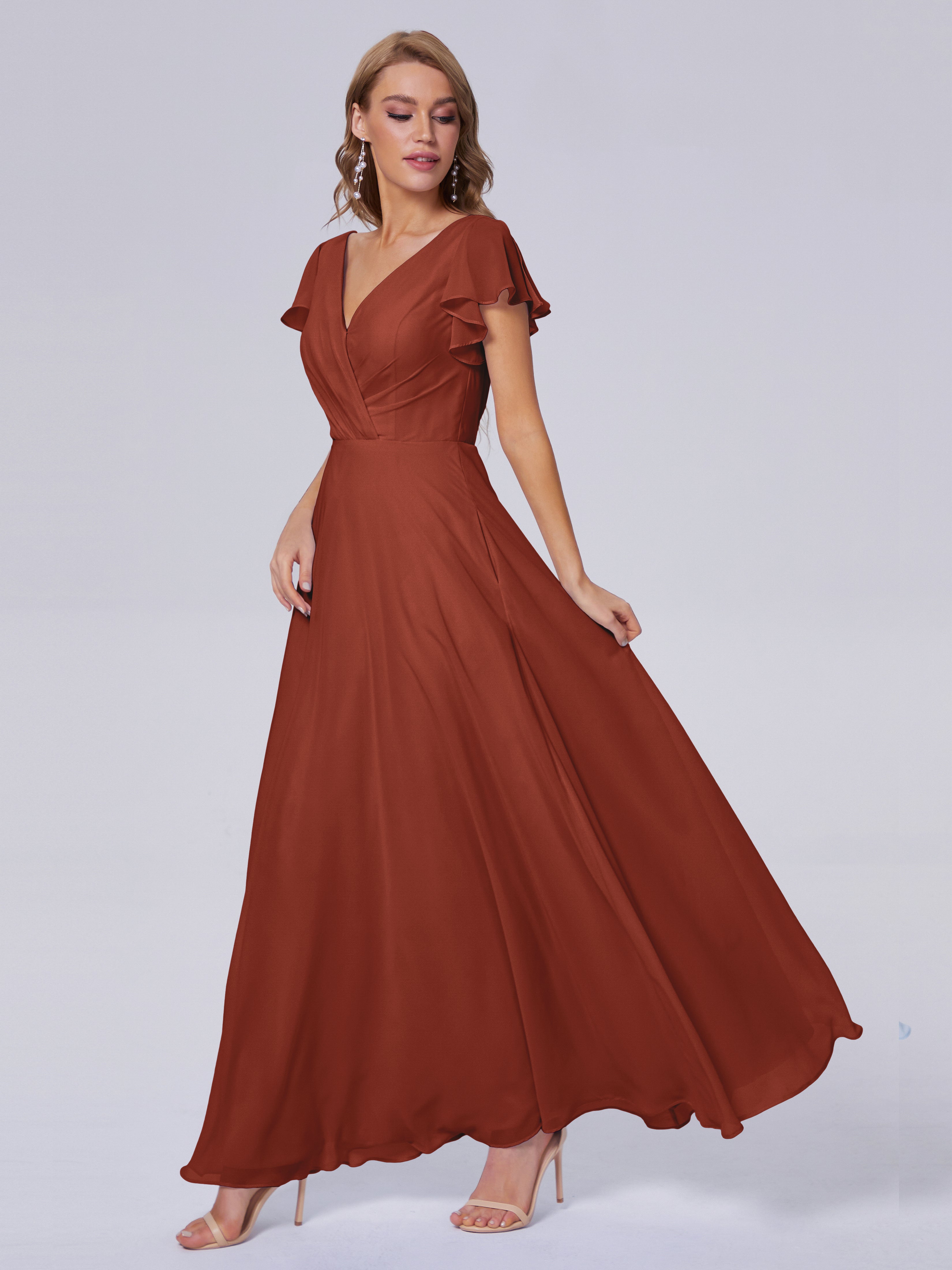Robe De Demoiselle D'Honneur Rouille Col V Mousseline Robes Demoiselle D'Honneur