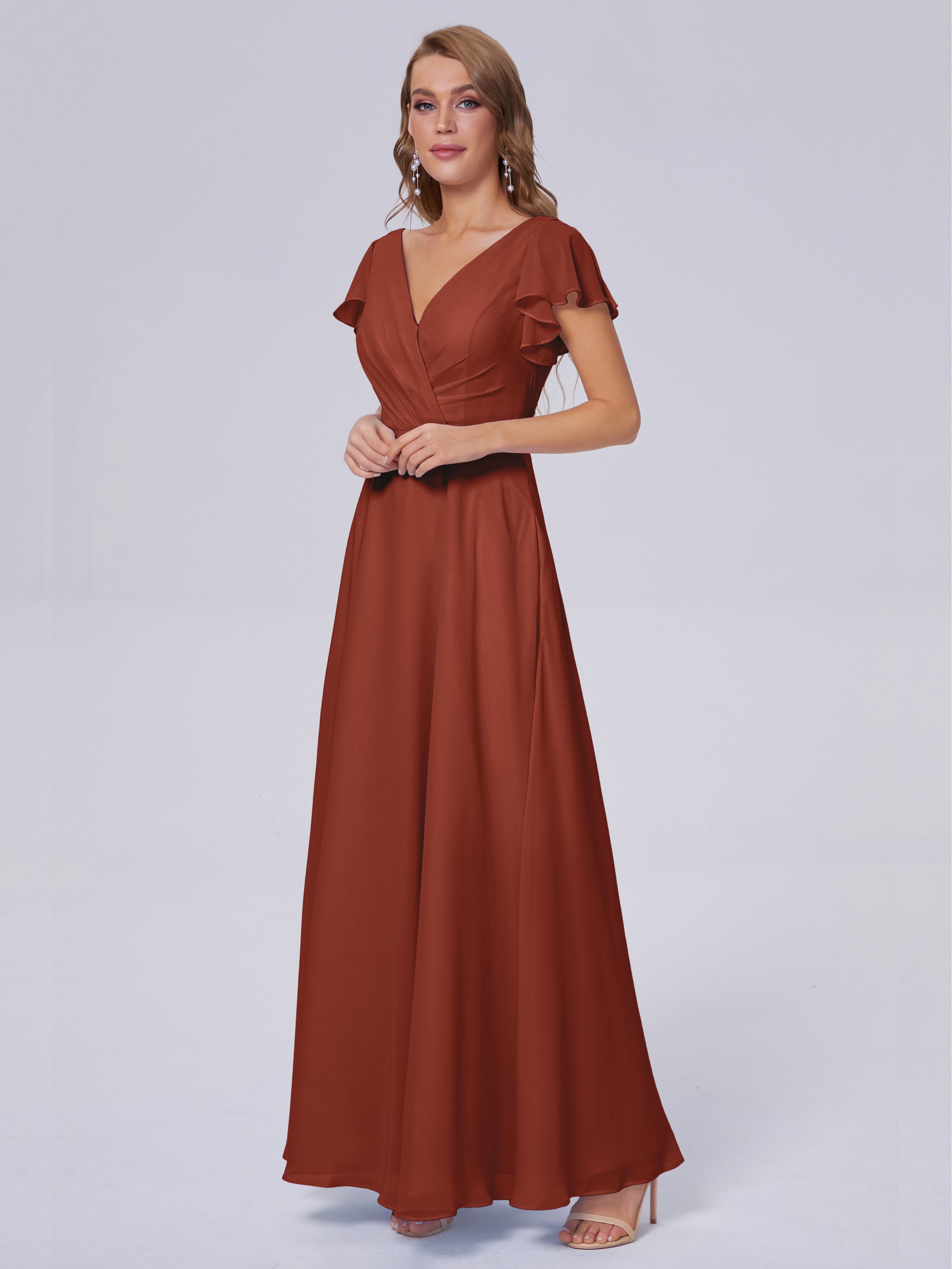 Robe De Demoiselle D'Honneur Rouille Col V Mousseline Robes Demoiselle D'Honneur