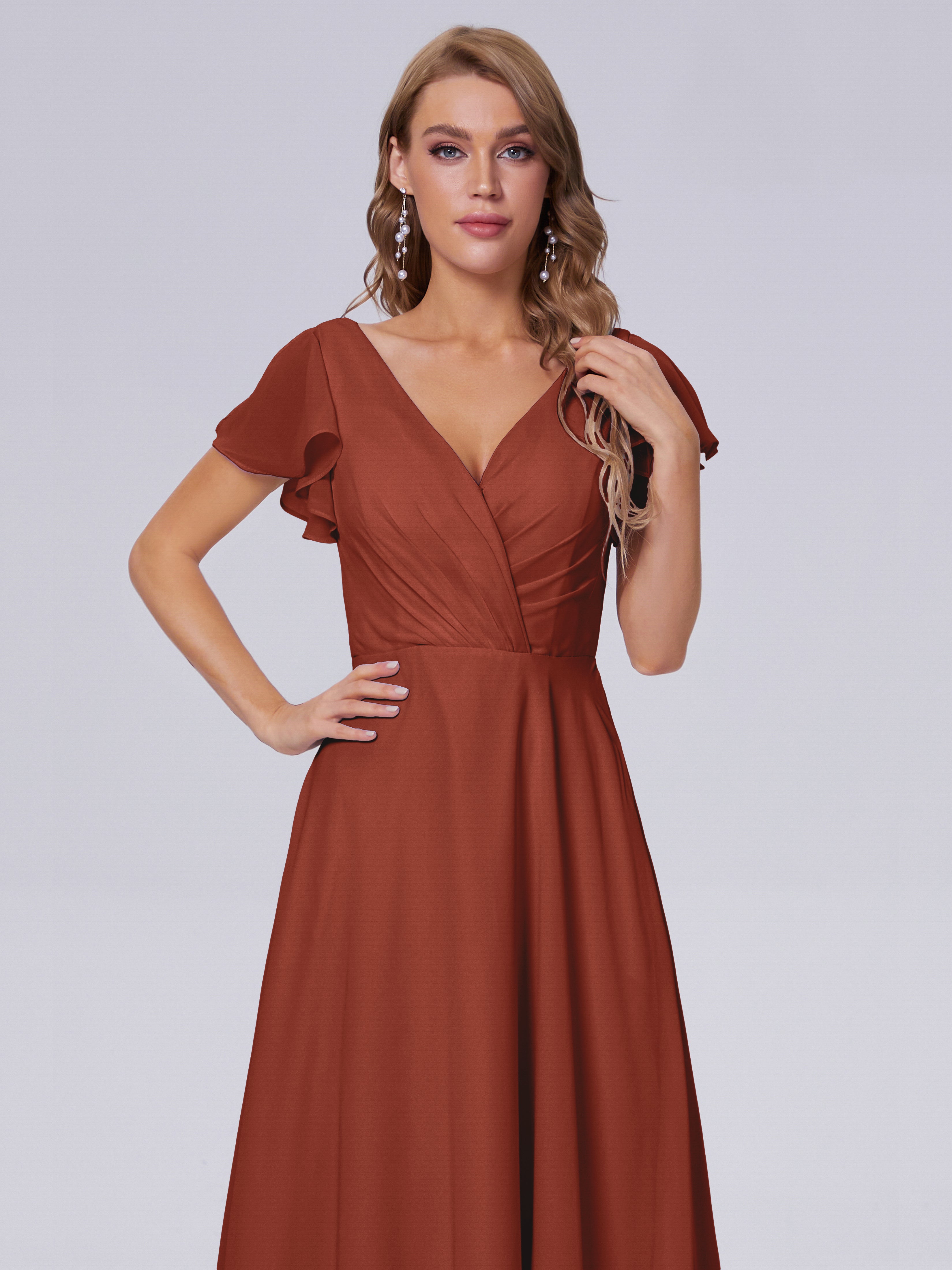 Robe De Demoiselle D'Honneur Rouille Col V Mousseline Robes Demoiselle D'Honneur