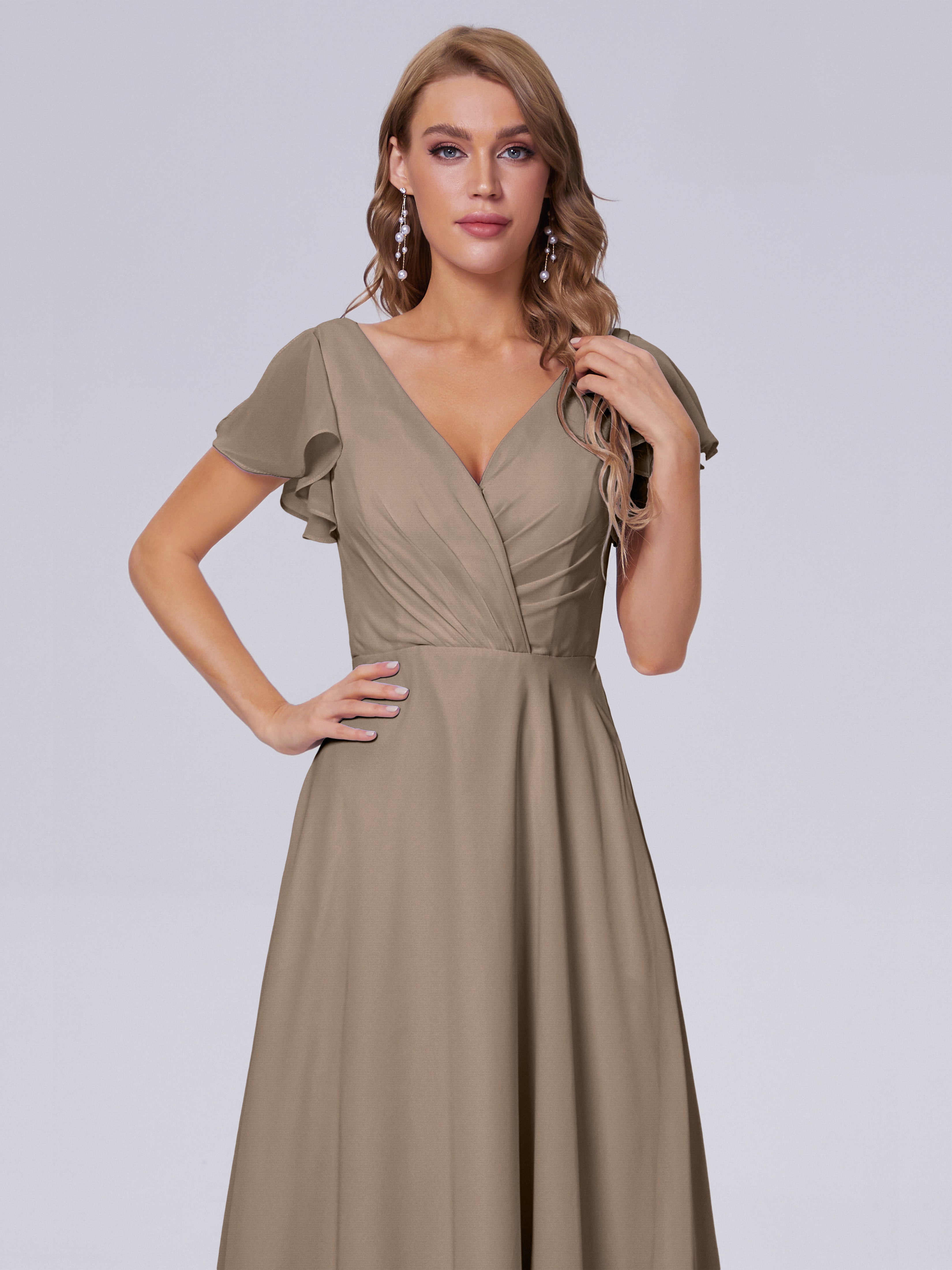 Robe Ceremonie Taupe Col V Mousseline Robes Demoiselle D'Honneur