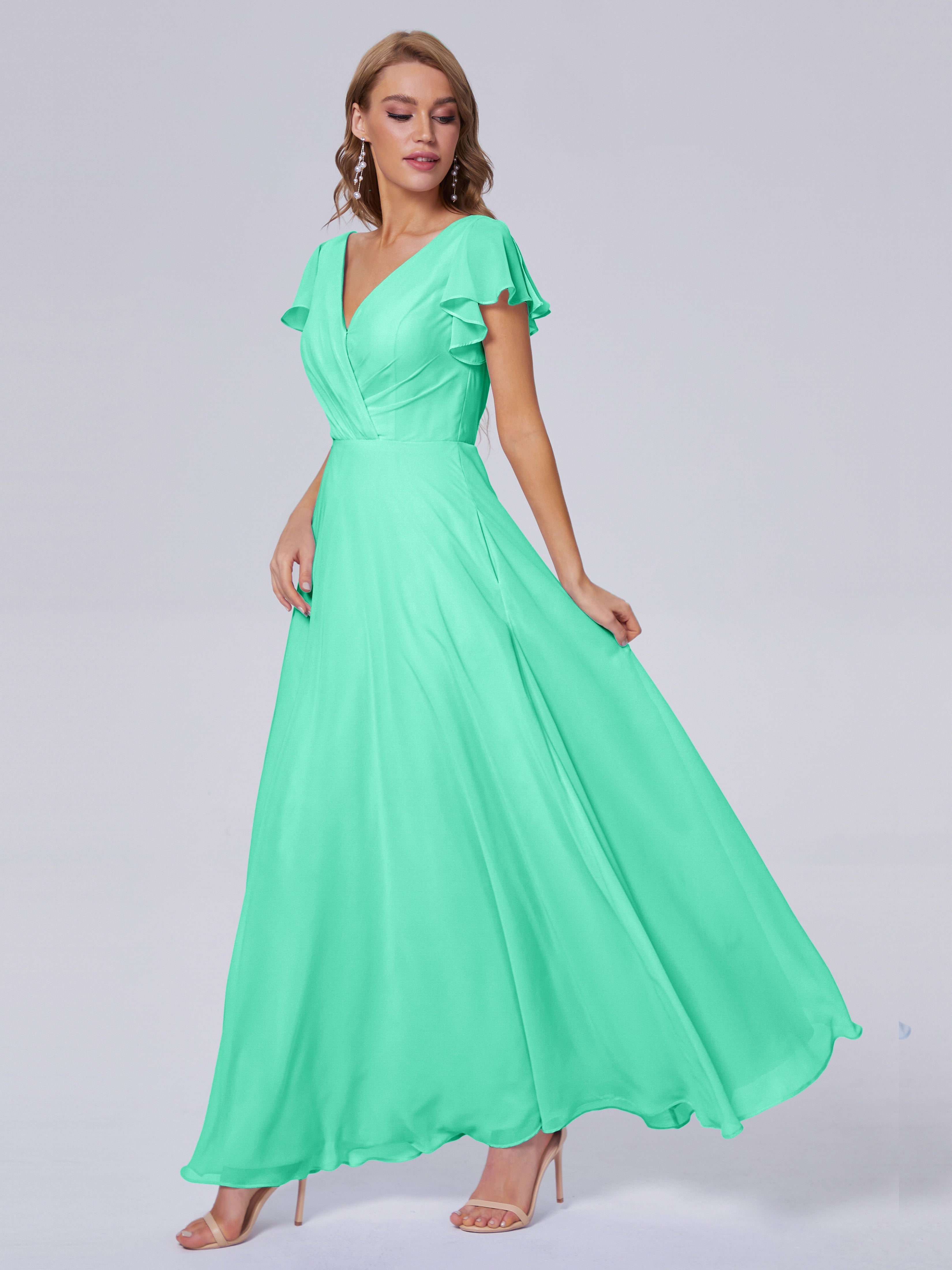 Robes De Demoiselle D'Honneur Bleu Turquoise Col V Mousseline Robes Demoiselle D'Honneur