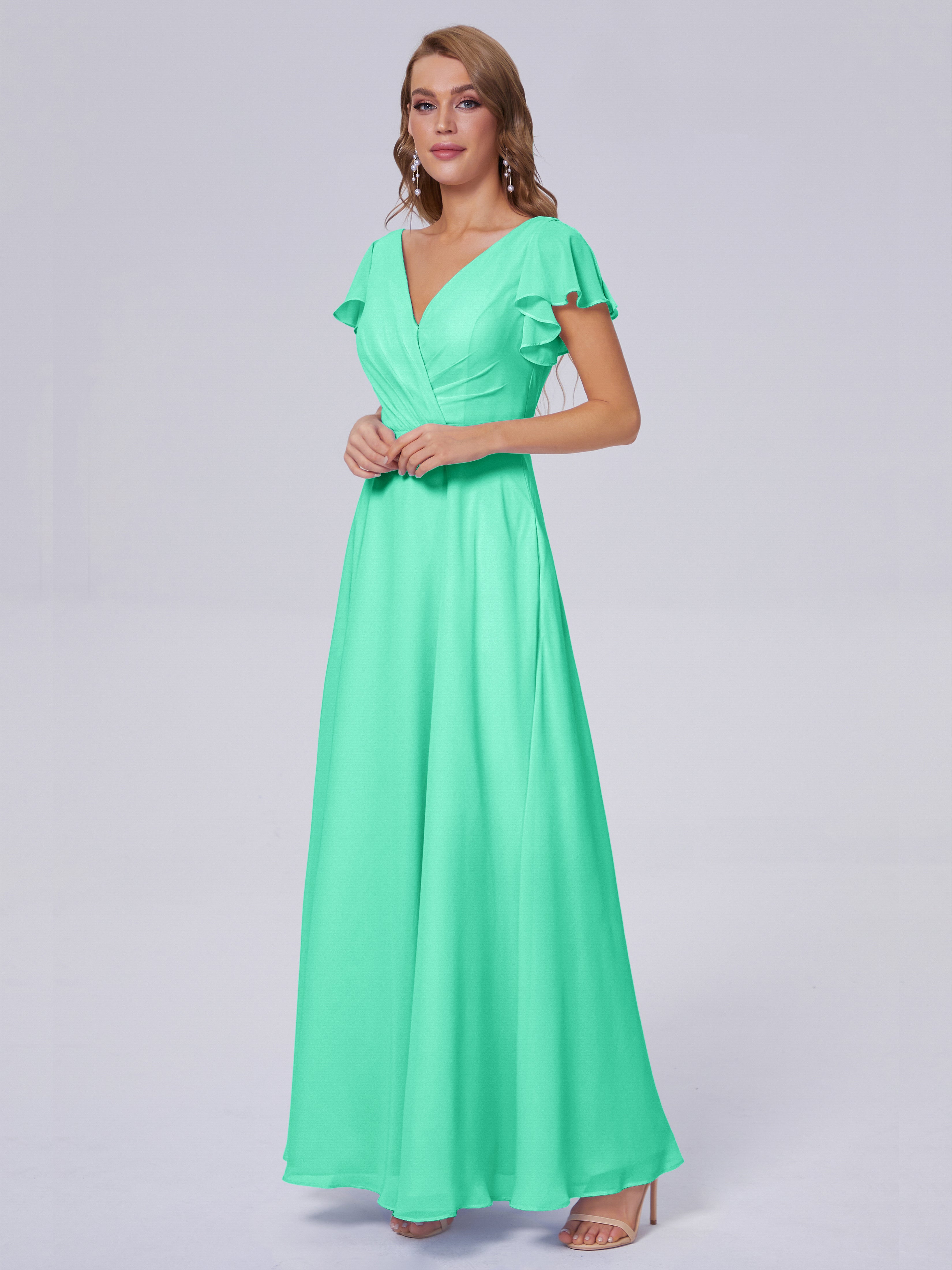 Robes De Demoiselle D'Honneur Bleu Turquoise Col V Mousseline Robes Demoiselle D'Honneur