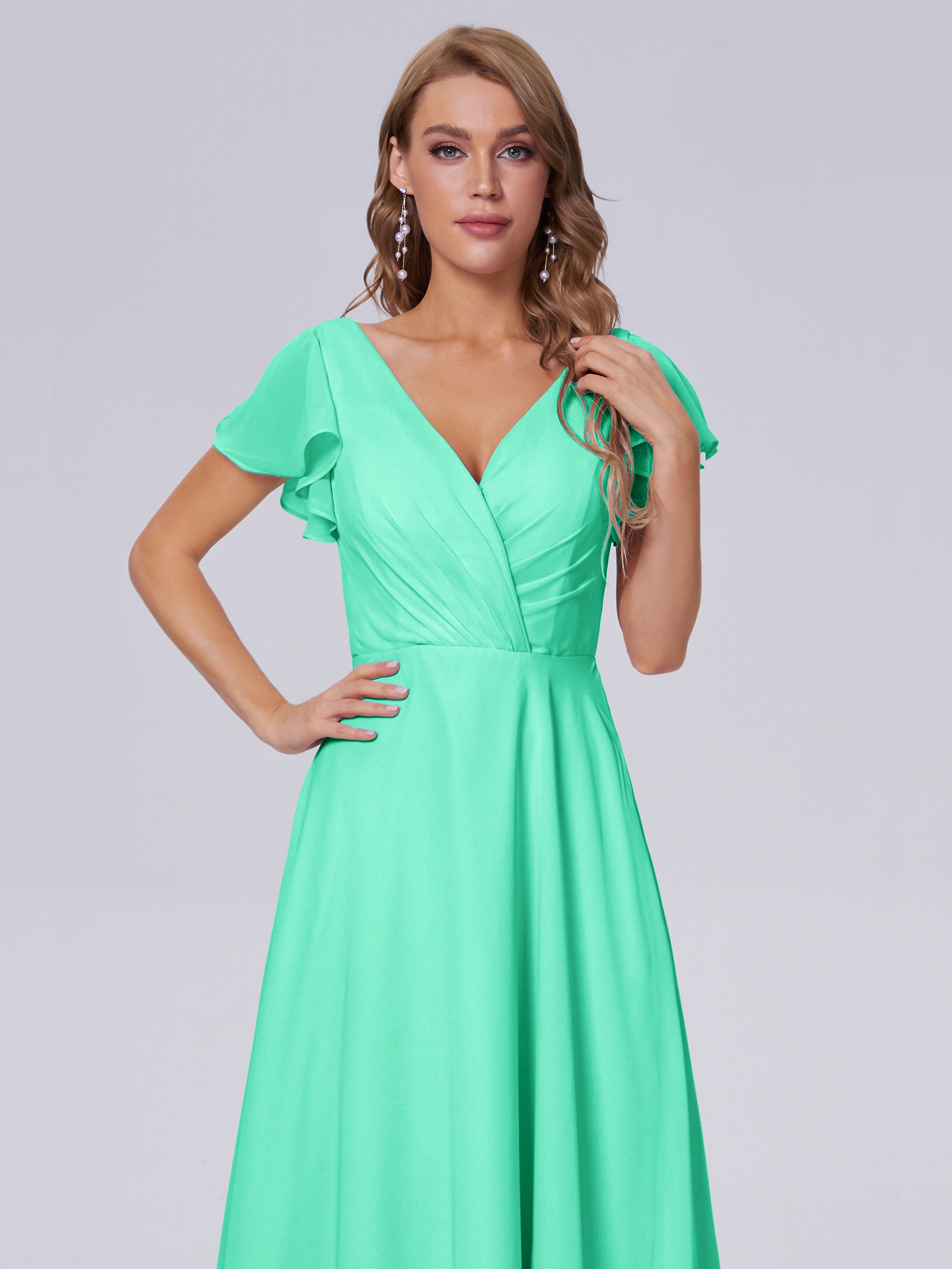 Robes De Demoiselle D'Honneur Bleu Turquoise Col V Mousseline Robes Demoiselle D'Honneur