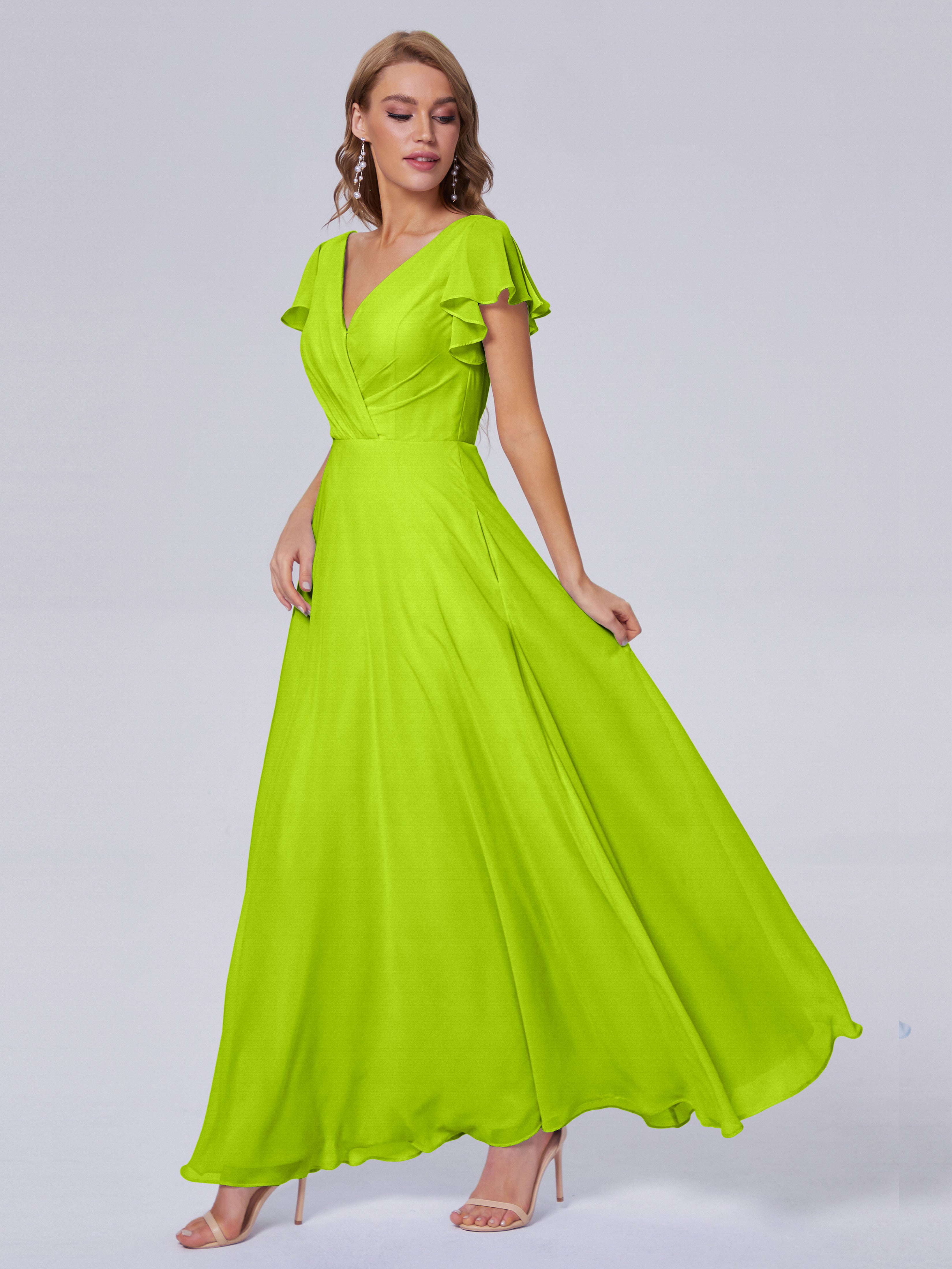 Robes De Demoiselle D'Honneur Vert Citron Col V Mousseline Robes Demoiselle D'Honneur