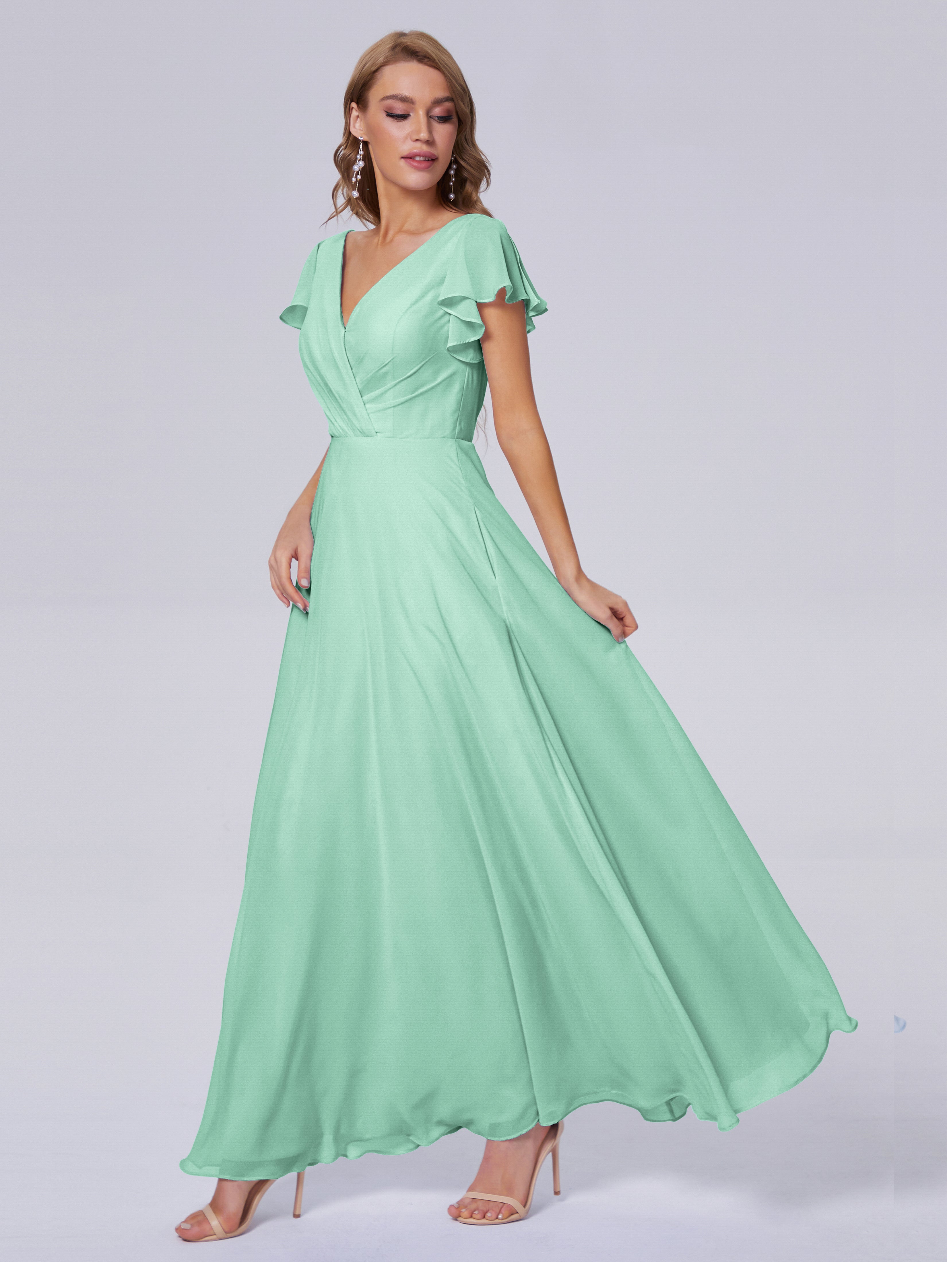 Robes De Demoiselle D'Honneur Vert Menthe Col V Mousseline Robes Demoiselle D'Honneur