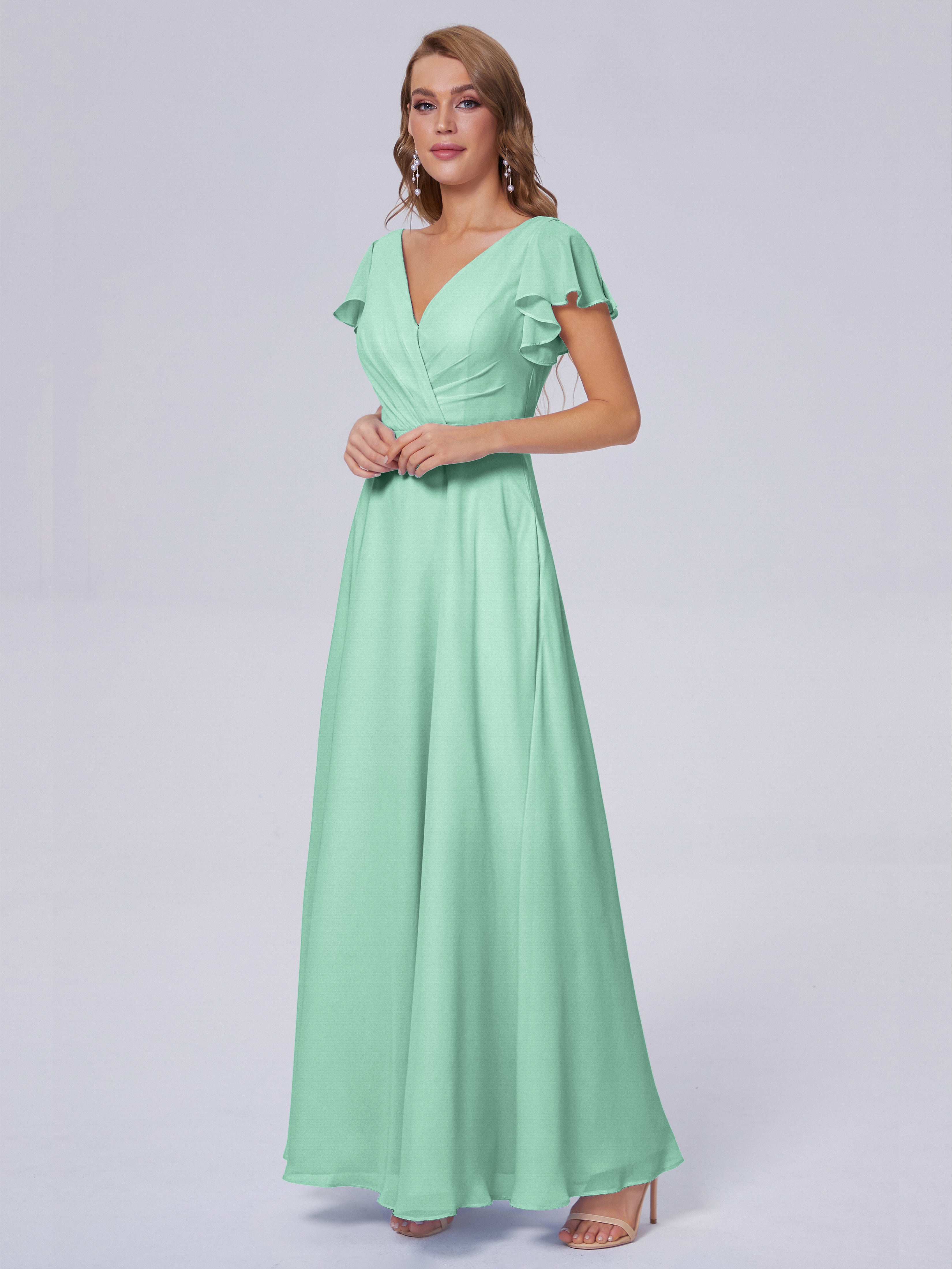 Robes De Demoiselle D'Honneur Vert Menthe Col V Mousseline Robes Demoiselle D'Honneur