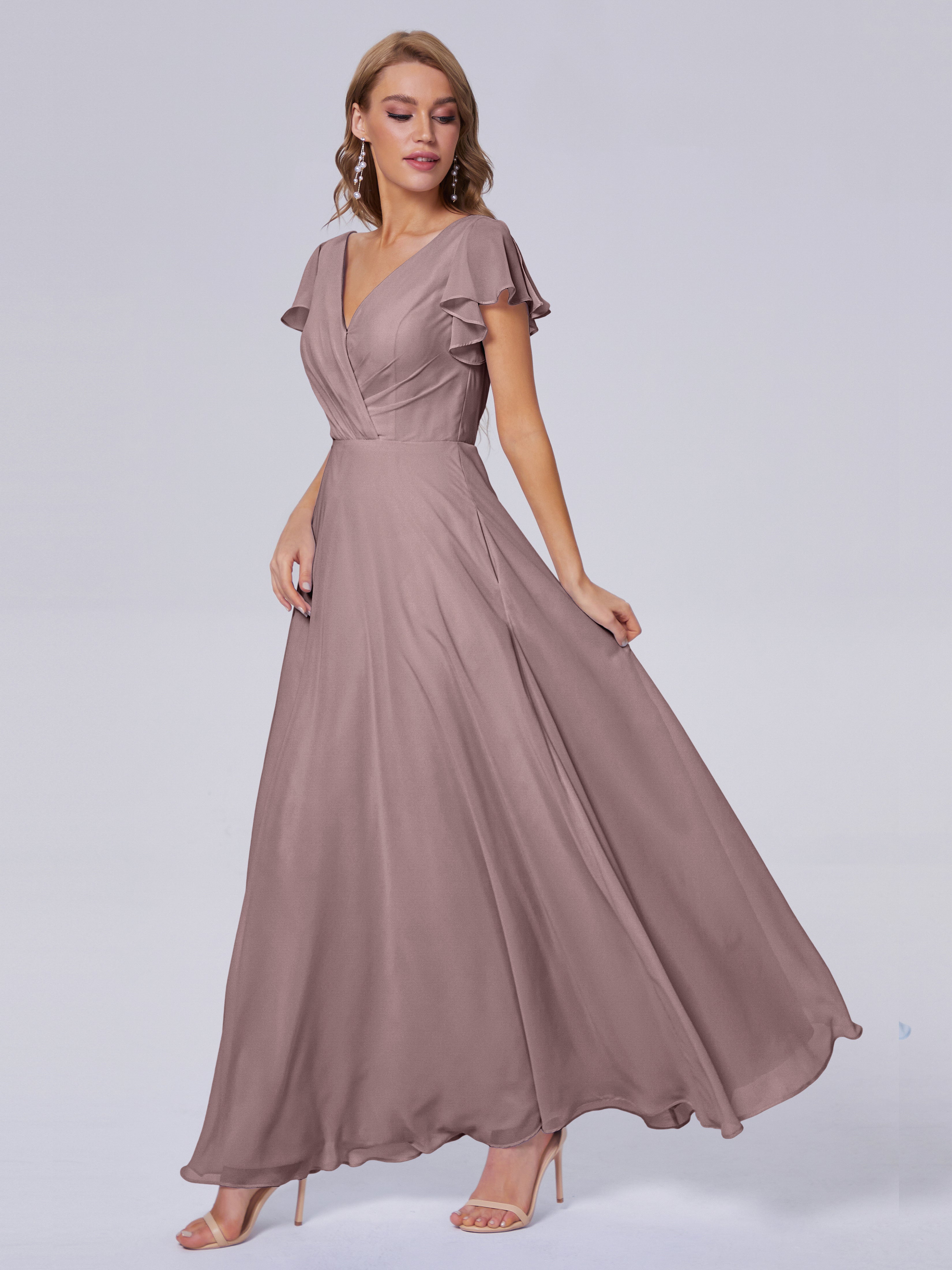 Robes De Demoiselle D'Honneur Vintage Mauve Col V Mousseline Robes Demoiselle D'Honneur