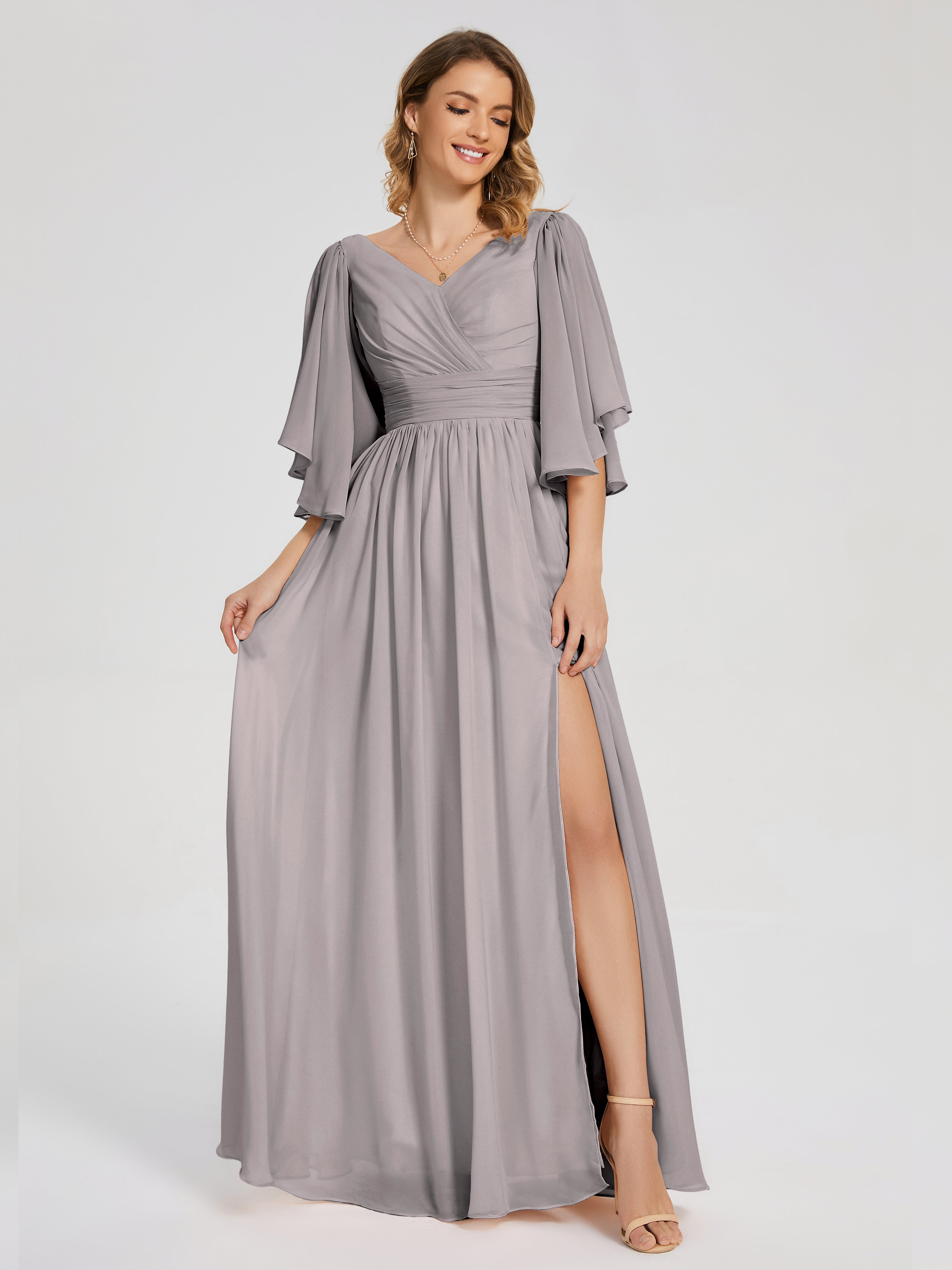 Robe Demoiselle D Honneur Argentée Demi Manches Mousseline Robes Demoiselle D'Honneur À Lacet