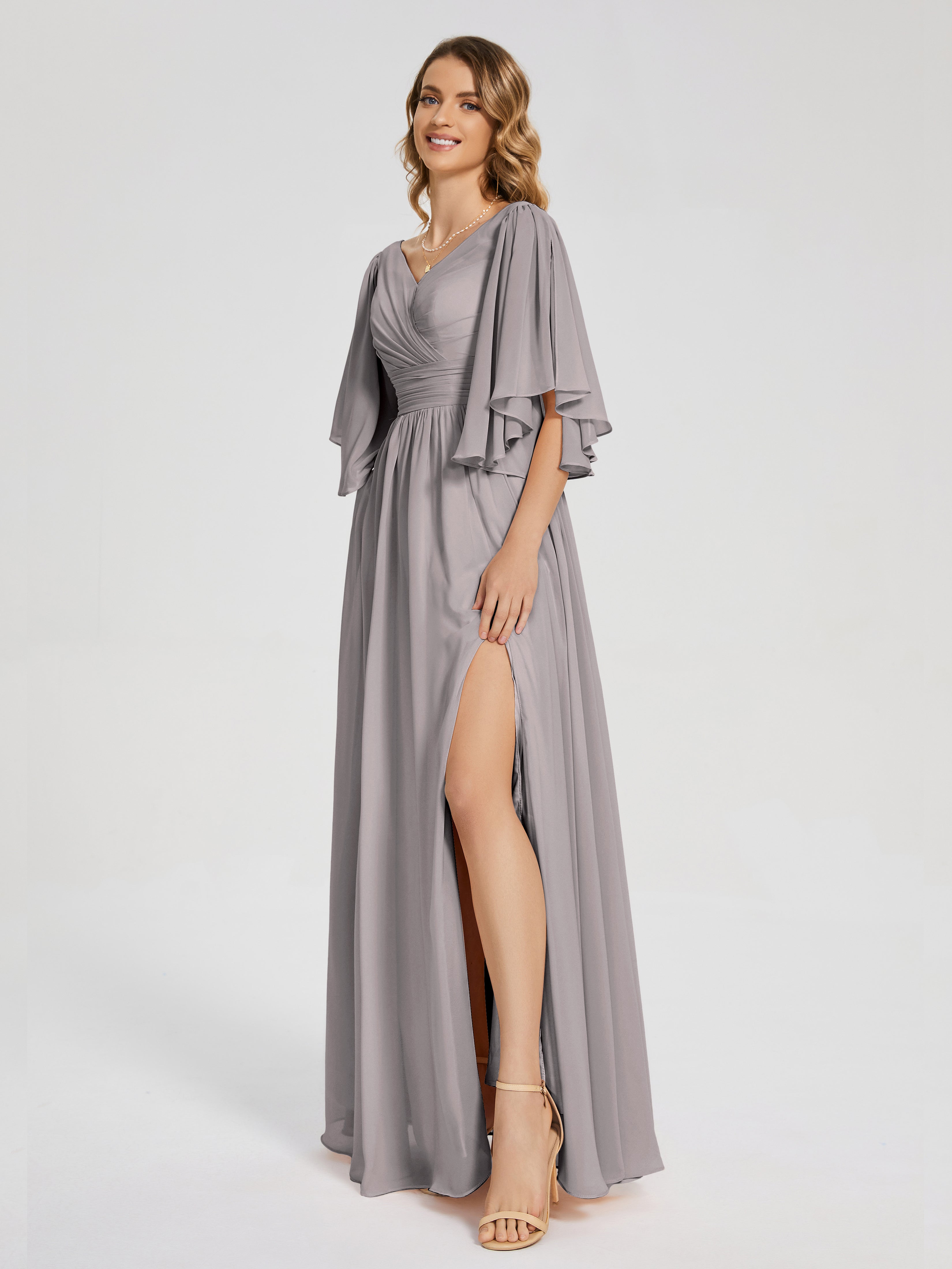 Robe Demoiselle D Honneur Argentée Demi Manches Mousseline Robes Demoiselle D'Honneur À Lacet