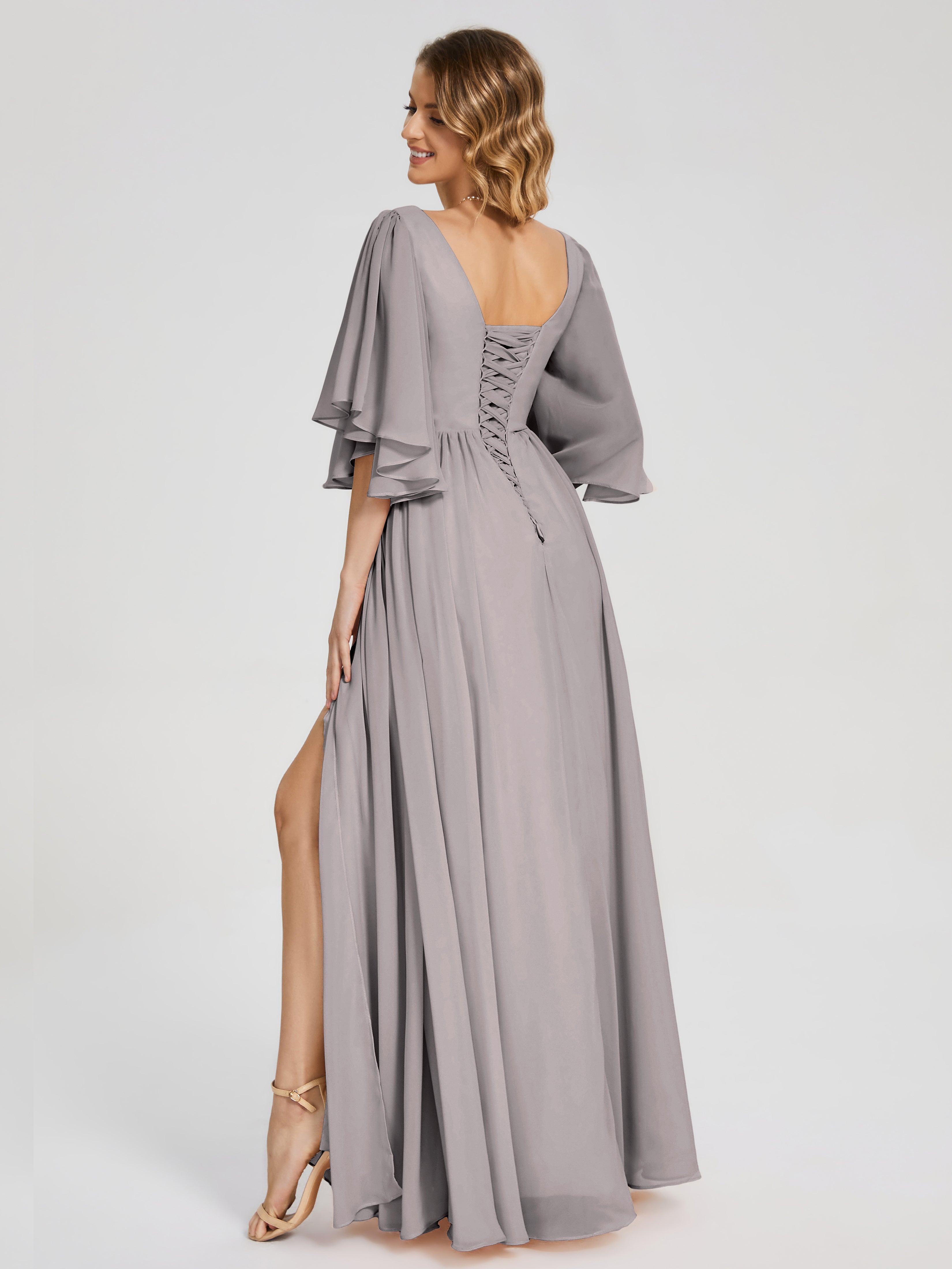 Robe Demoiselle D Honneur Argentée Demi Manches Mousseline Robes Demoiselle D'Honneur À Lacet