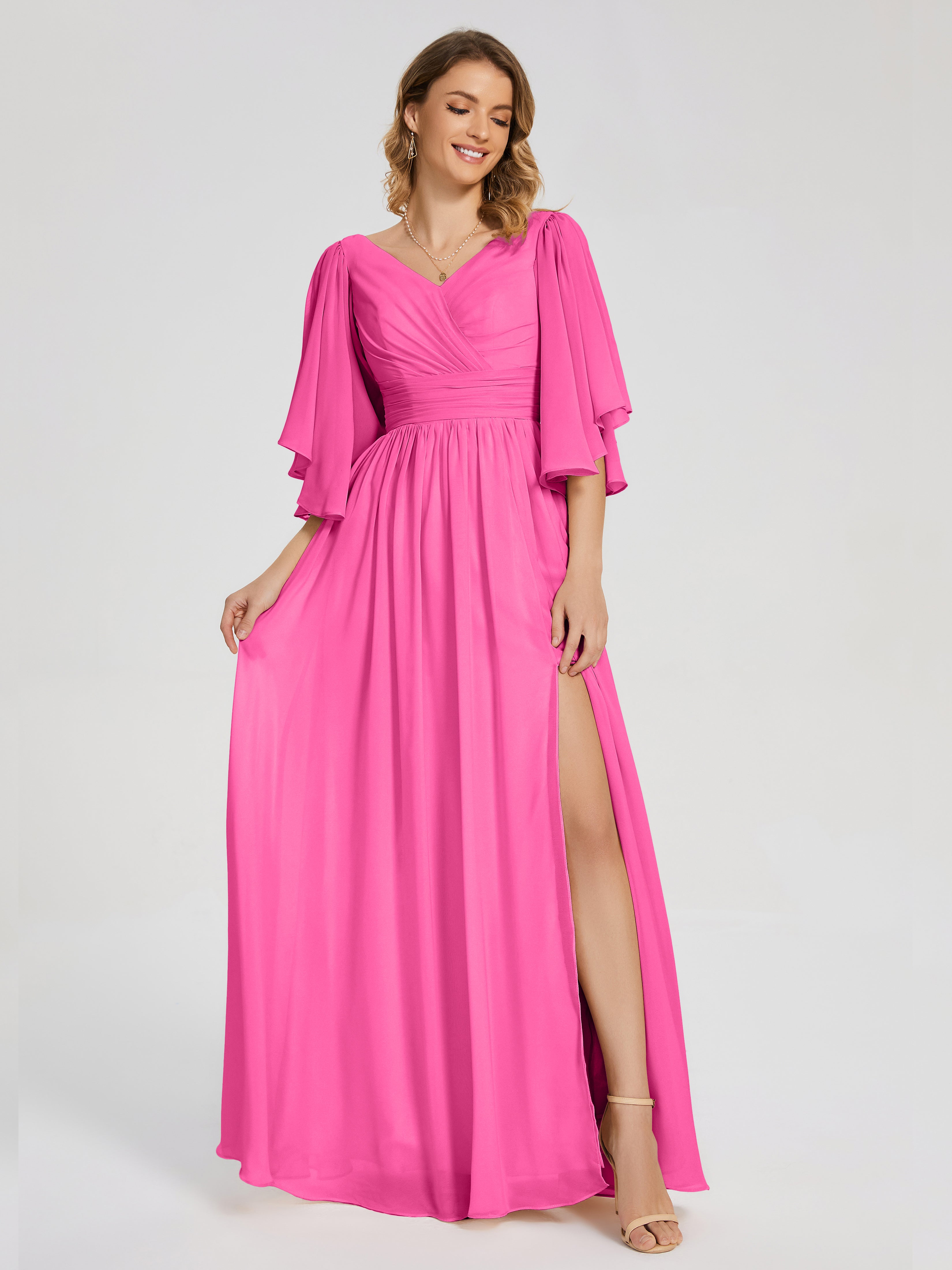 Robe Demoiselle D Honneur Azalée Demi Manches Mousseline Robes Demoiselle D'Honneur À Lacet
