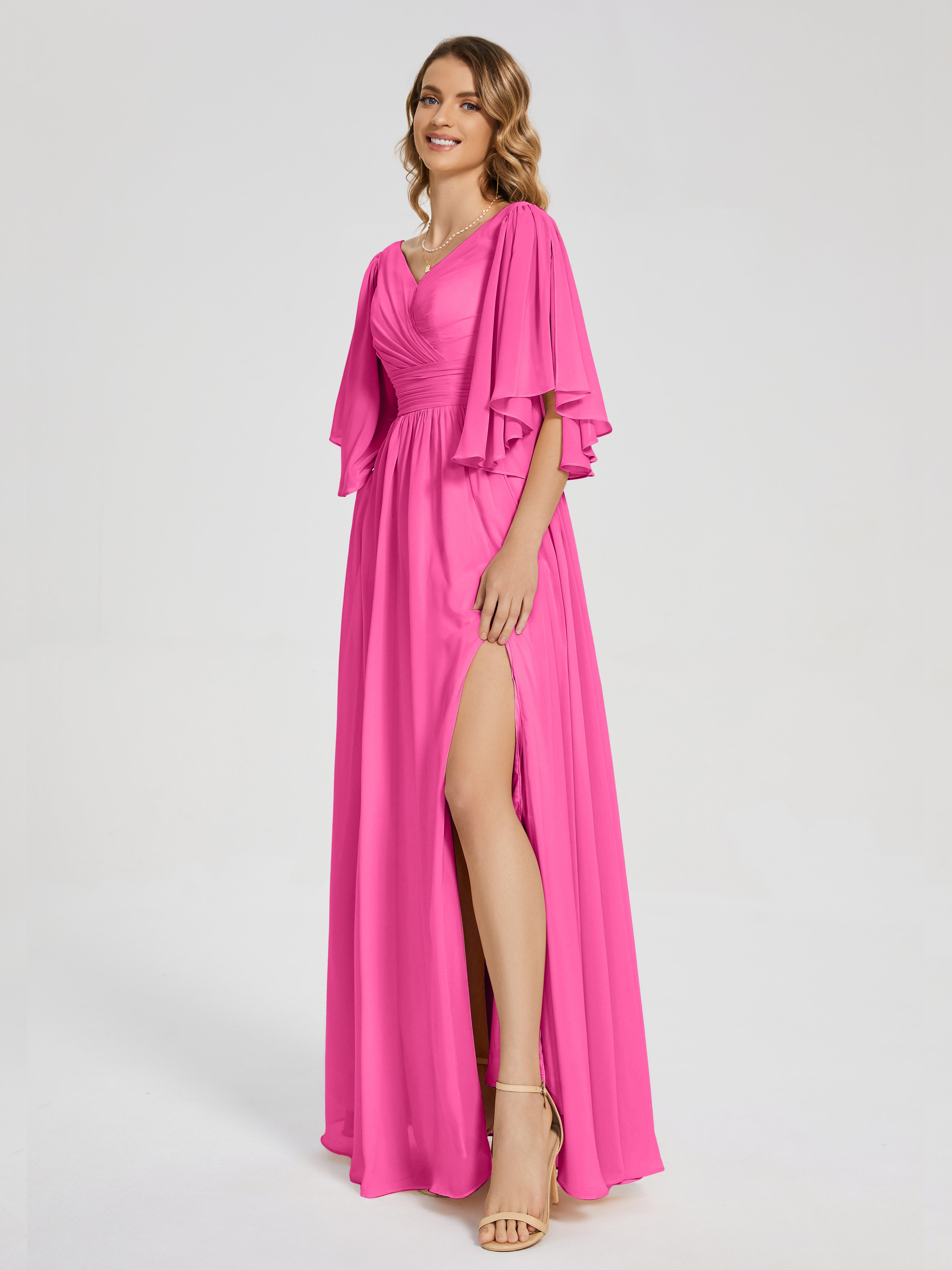 Robe Demoiselle D Honneur Azalée Demi Manches Mousseline Robes Demoiselle D'Honneur À Lacet