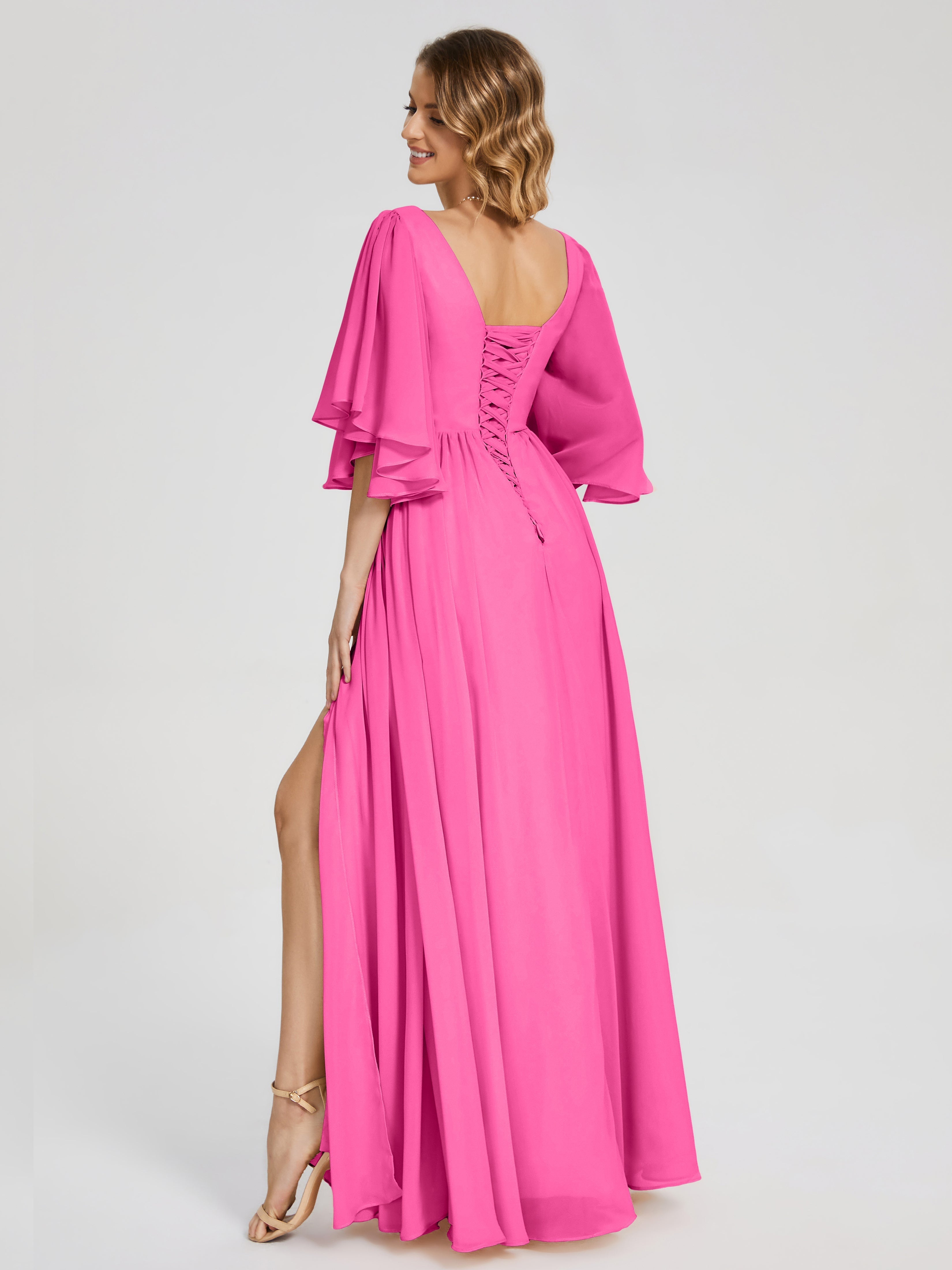 Robe Demoiselle D Honneur Azalée Demi Manches Mousseline Robes Demoiselle D'Honneur À Lacet