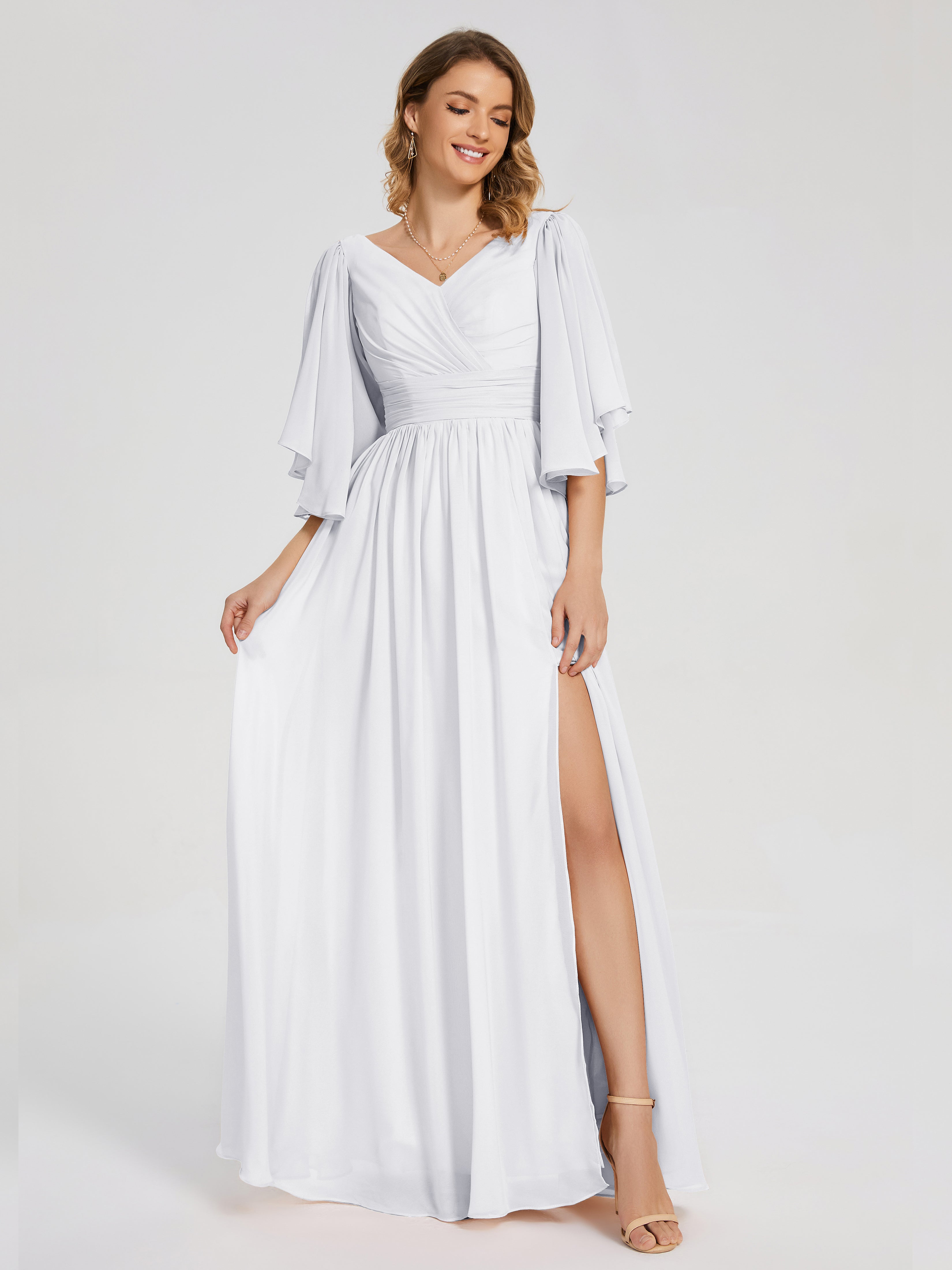 Robe Longue Blanche Demoiselle D Honneur Demi Manches Mousseline Robes Demoiselle D'Honneur À Lacet