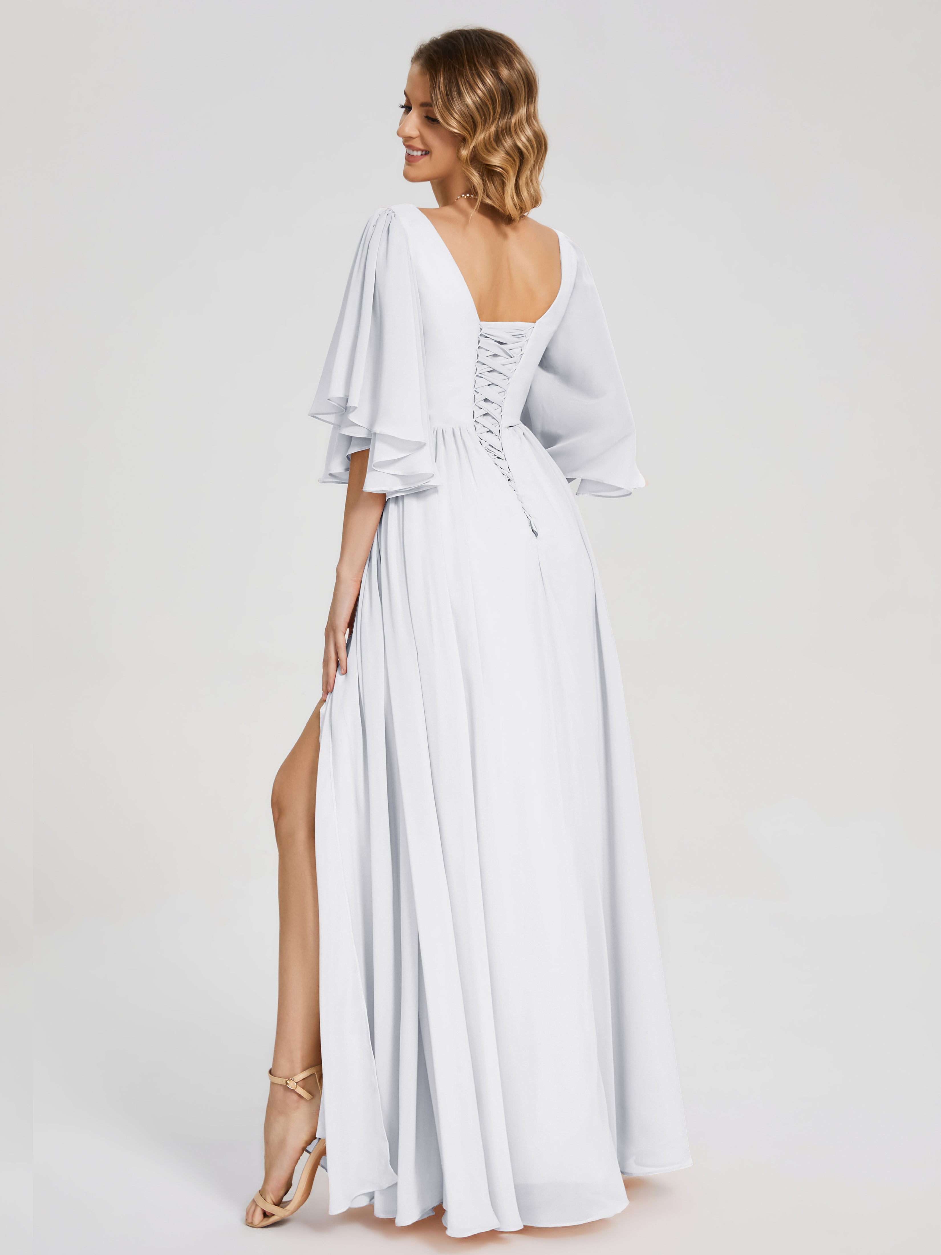 Robe Longue Blanche Demoiselle D Honneur Demi Manches Mousseline Robes Demoiselle D'Honneur À Lacet