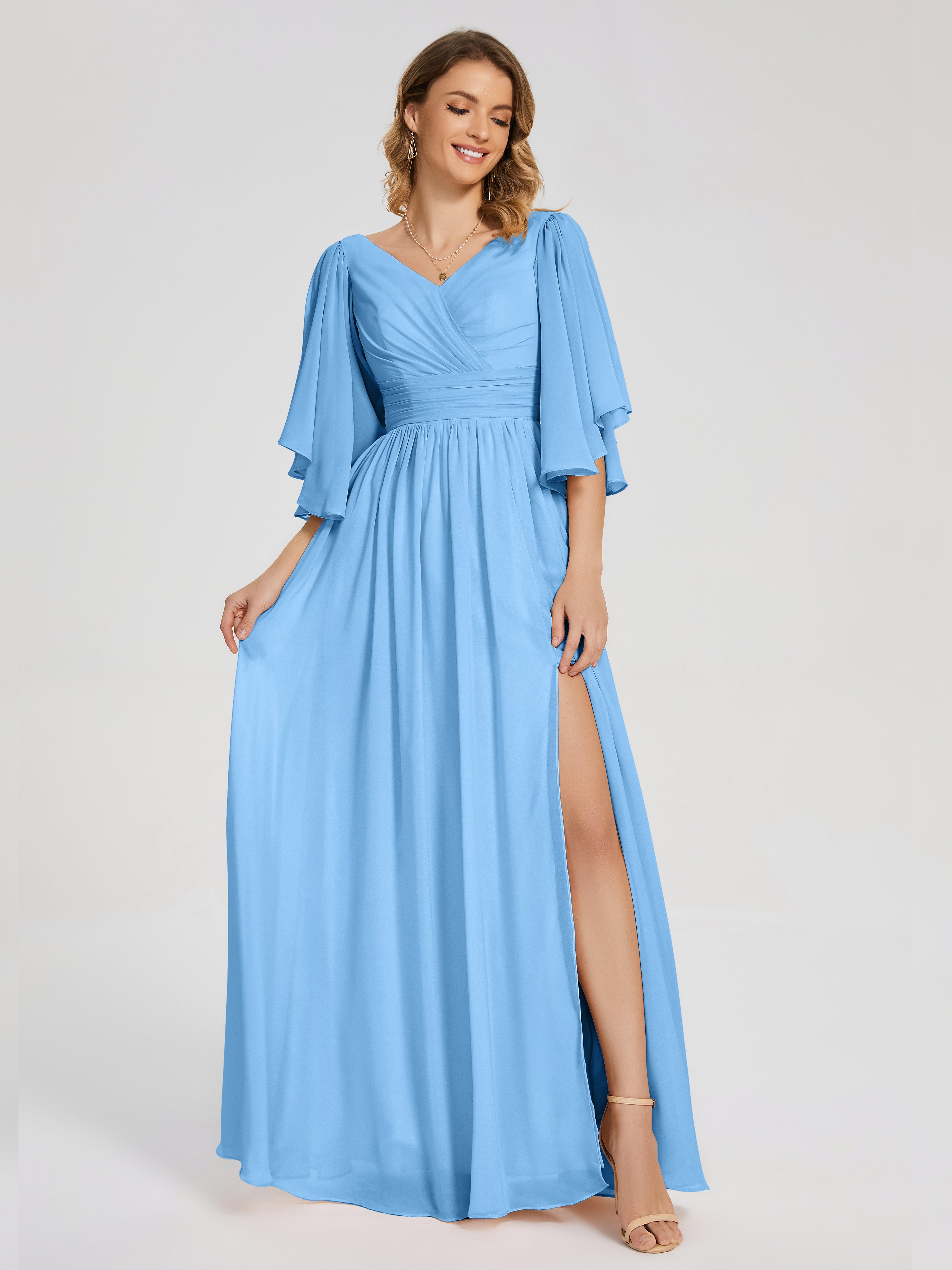 Robes De Demoiselle D'Honneur Bleu Clair Longues Demi Manches Mousseline Robes Demoiselle D'Honneur À Lacet
