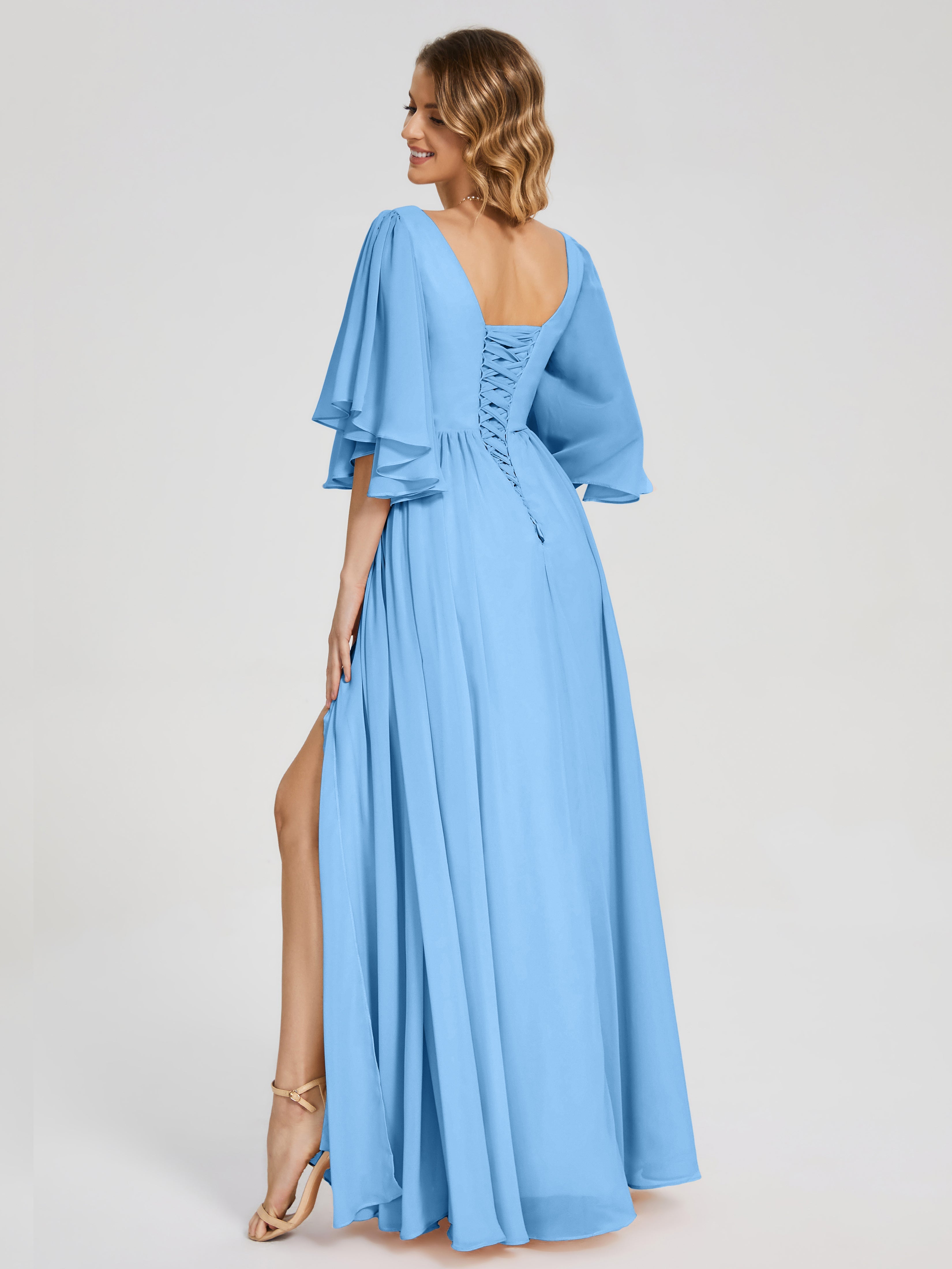 Robes De Demoiselle D'Honneur Bleu Clair Longues Demi Manches Mousseline Robes Demoiselle D'Honneur À Lacet