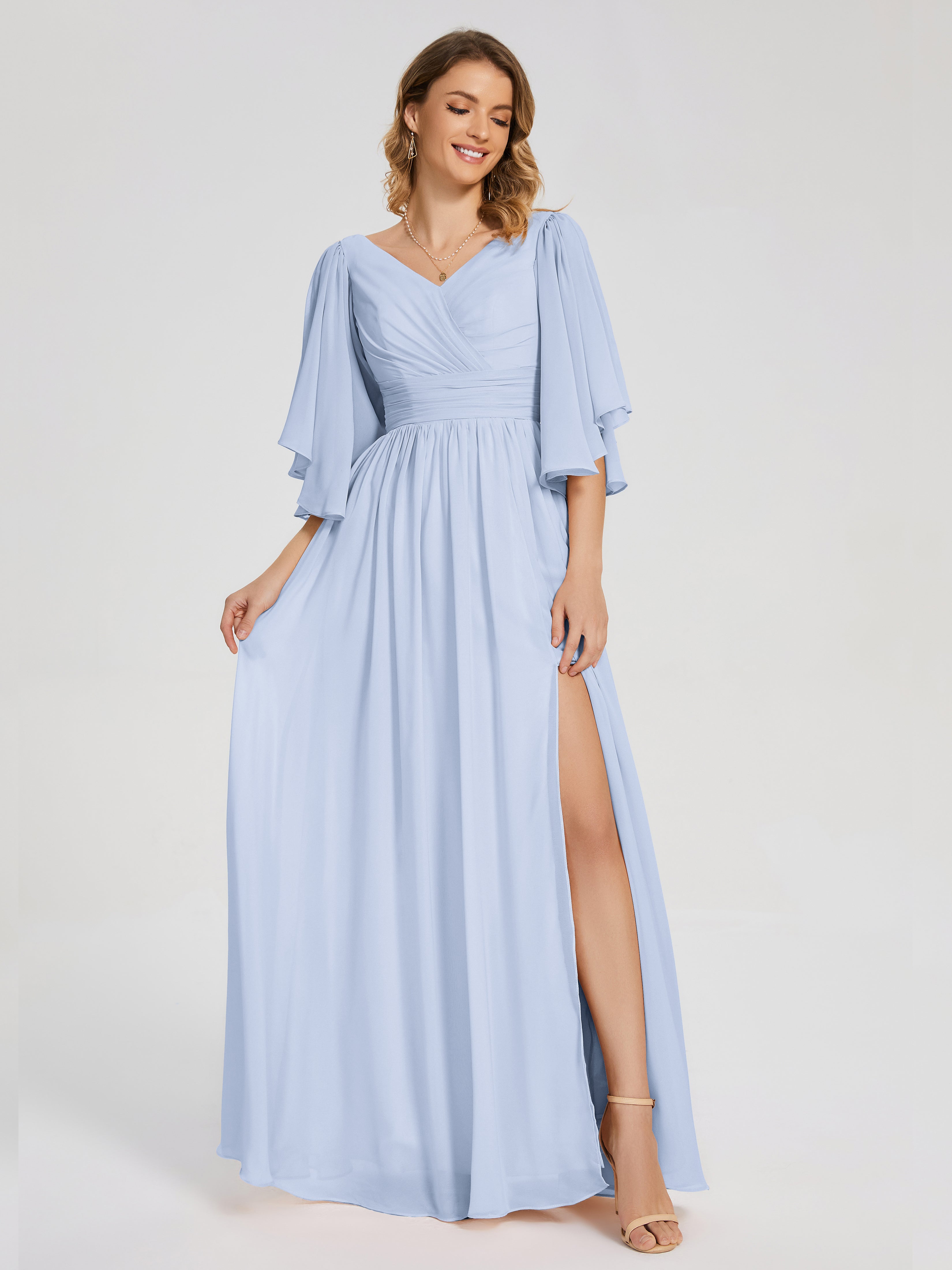 Robe Bleu Ciel Demoiselle D Honneur Demi Manches Mousseline Robes Demoiselle D'Honneur À Lacet