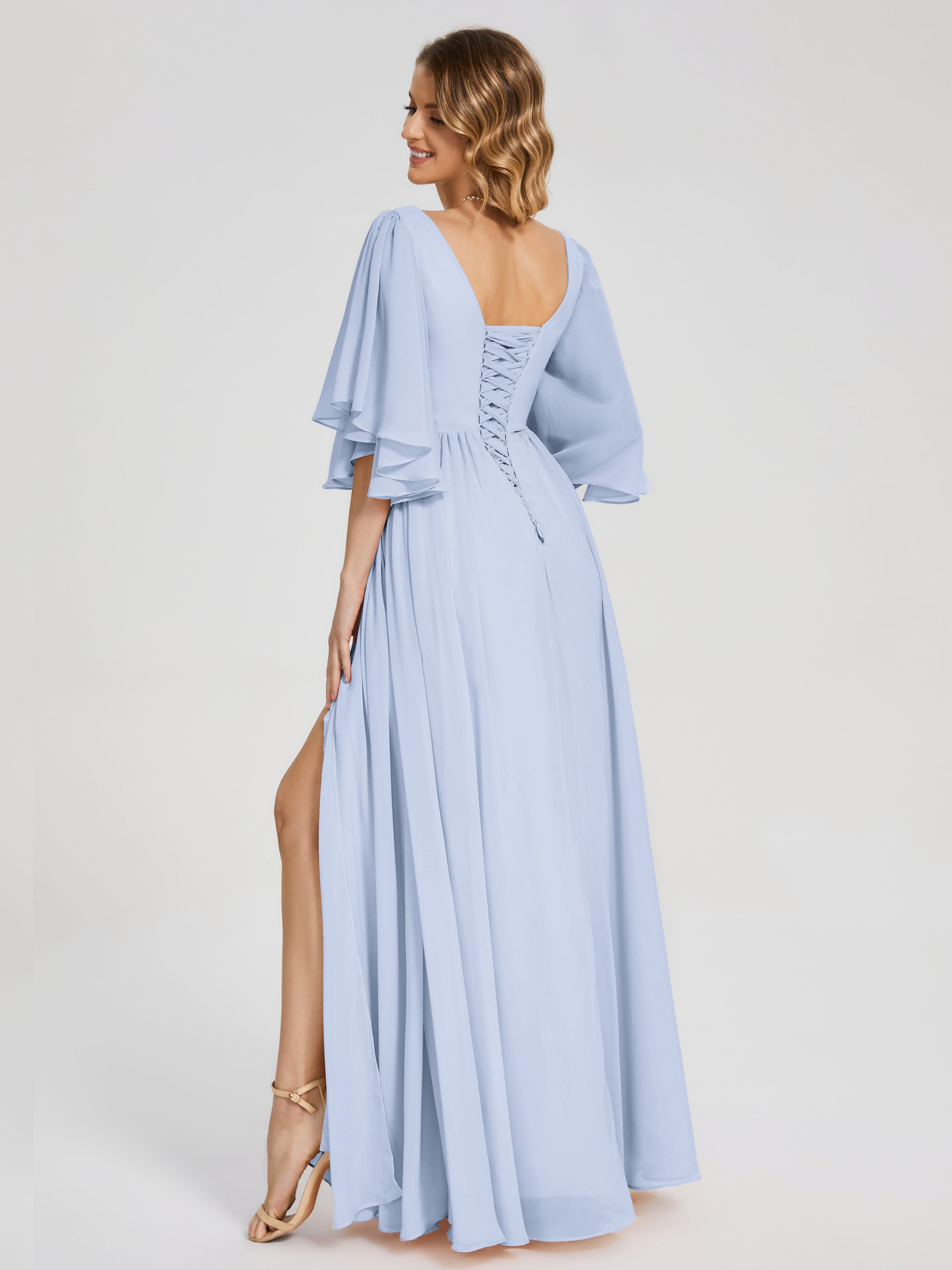Robe Bleu Ciel Demoiselle D Honneur Demi Manches Mousseline Robes Demoiselle D'Honneur À Lacet