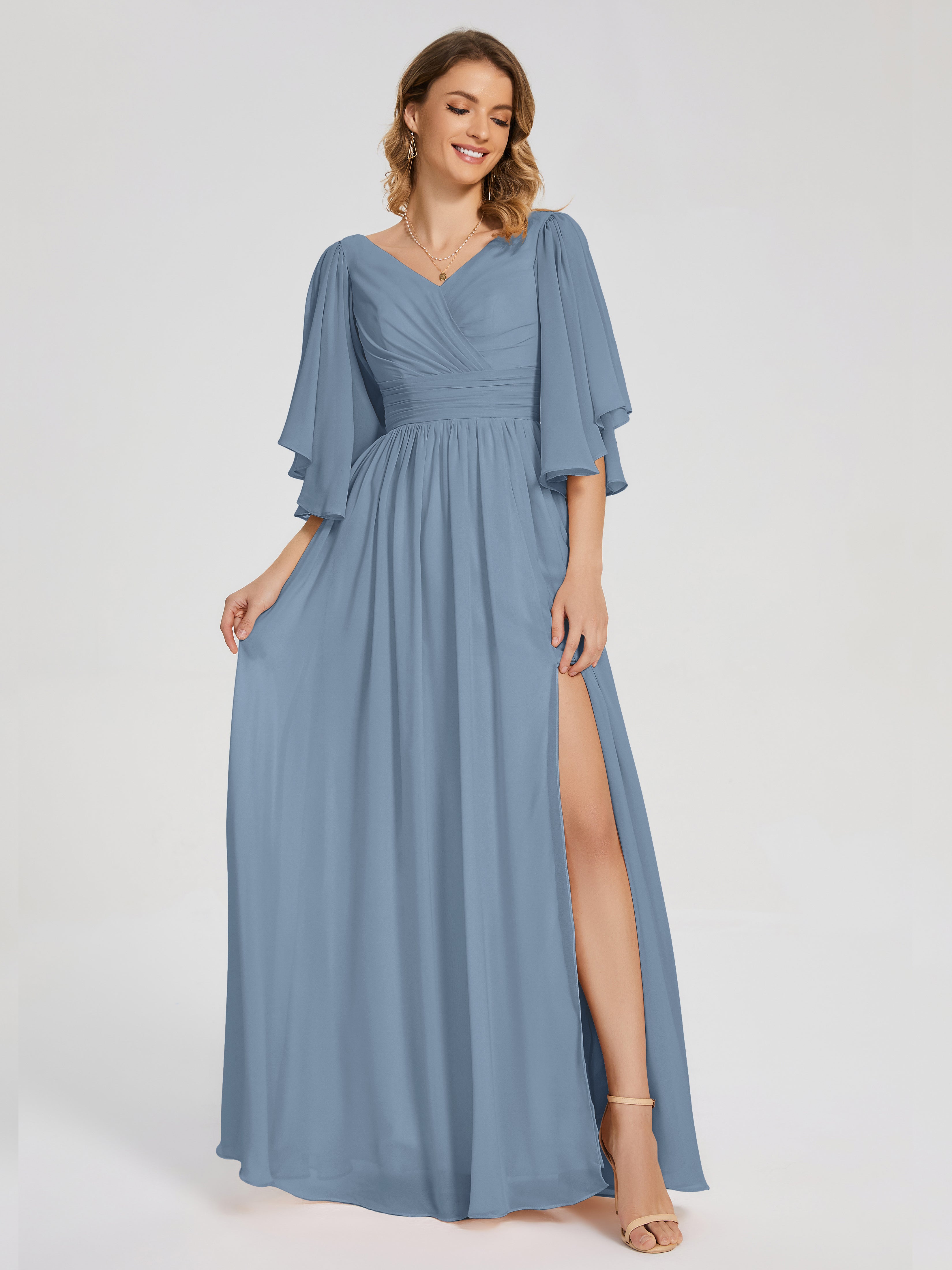 Robes De Demoiselle D'Honneur Bleu De Schiste Demi Manches Mousseline Robes Demoiselle D'Honneur À Lacet