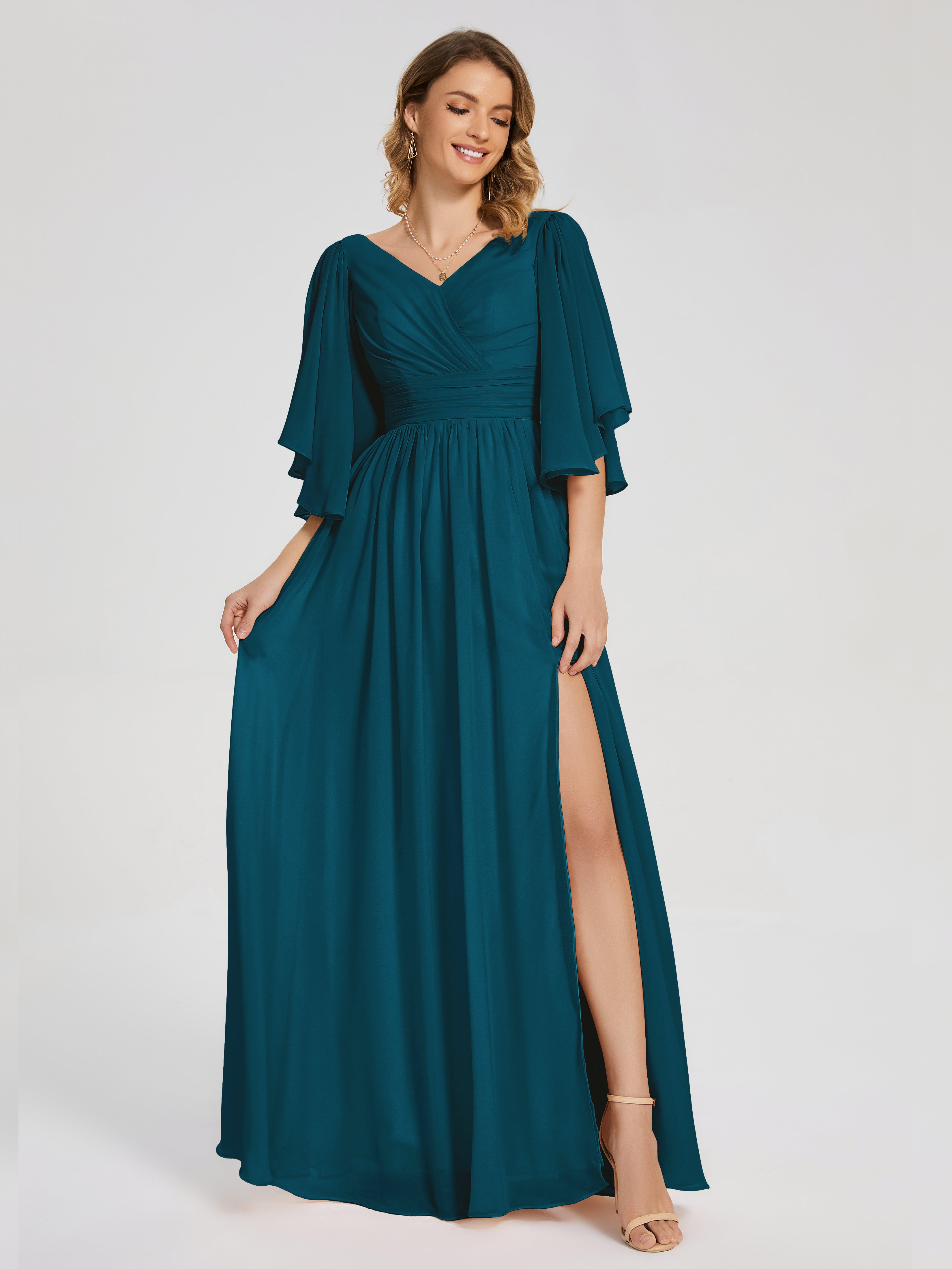 Robe De Demoiselle D'Honneur Bleu Encre Demi Manches Mousseline Robes Demoiselle D'Honneur À Lacet